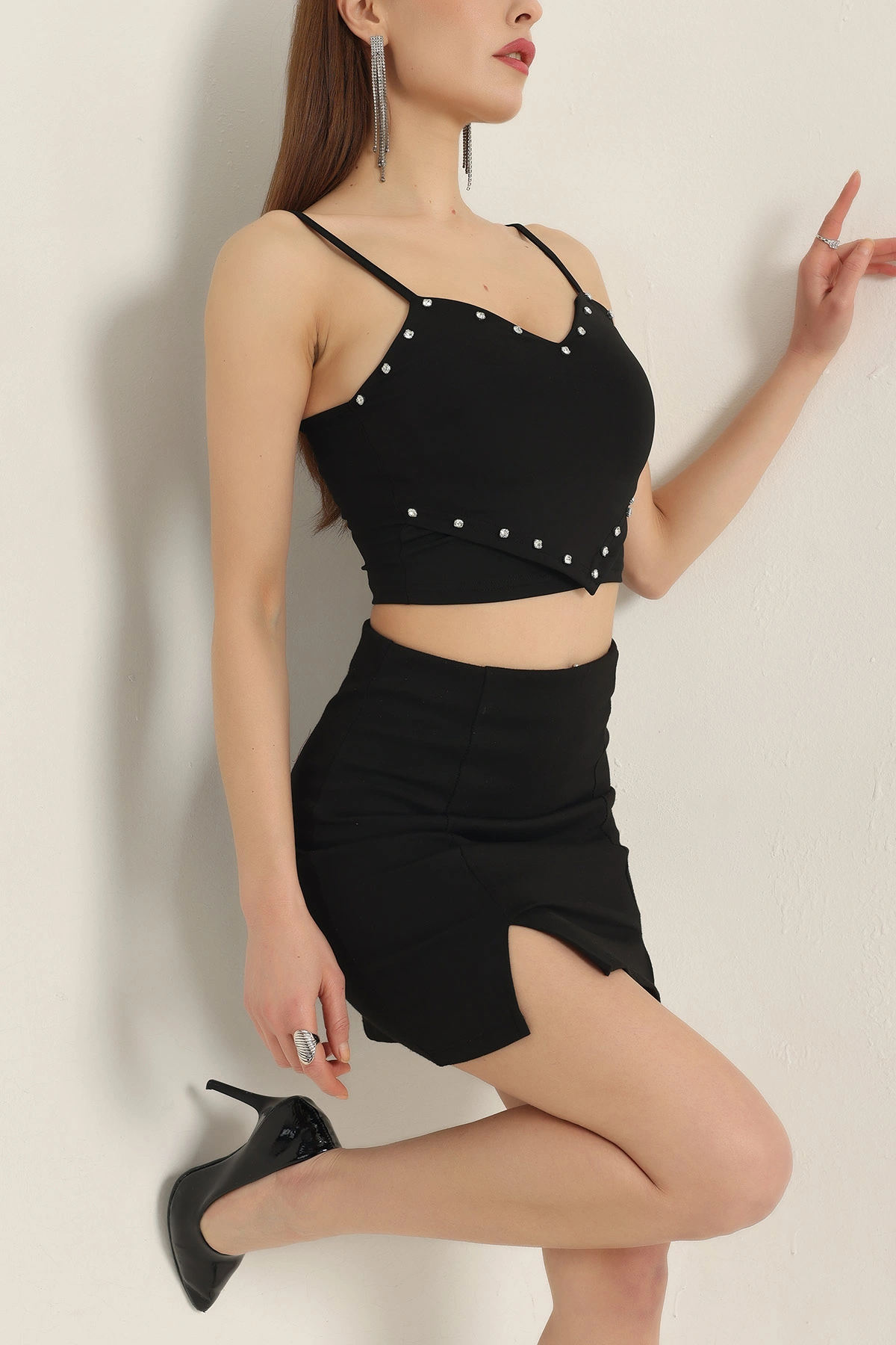 Siyah Taş Detay Scuba Crop Bluz 337364