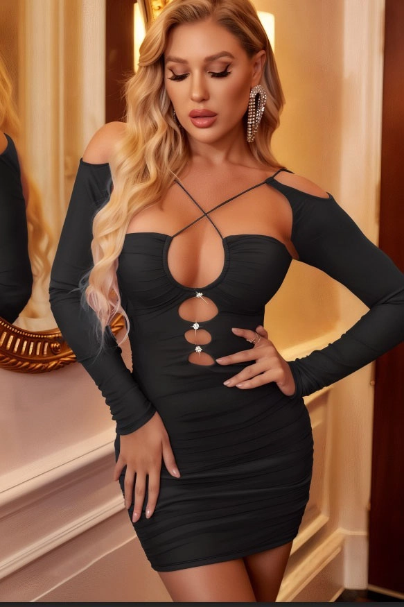 Siyah Taş Detaylı Seksi Mini Gece Kıyafeti 422938