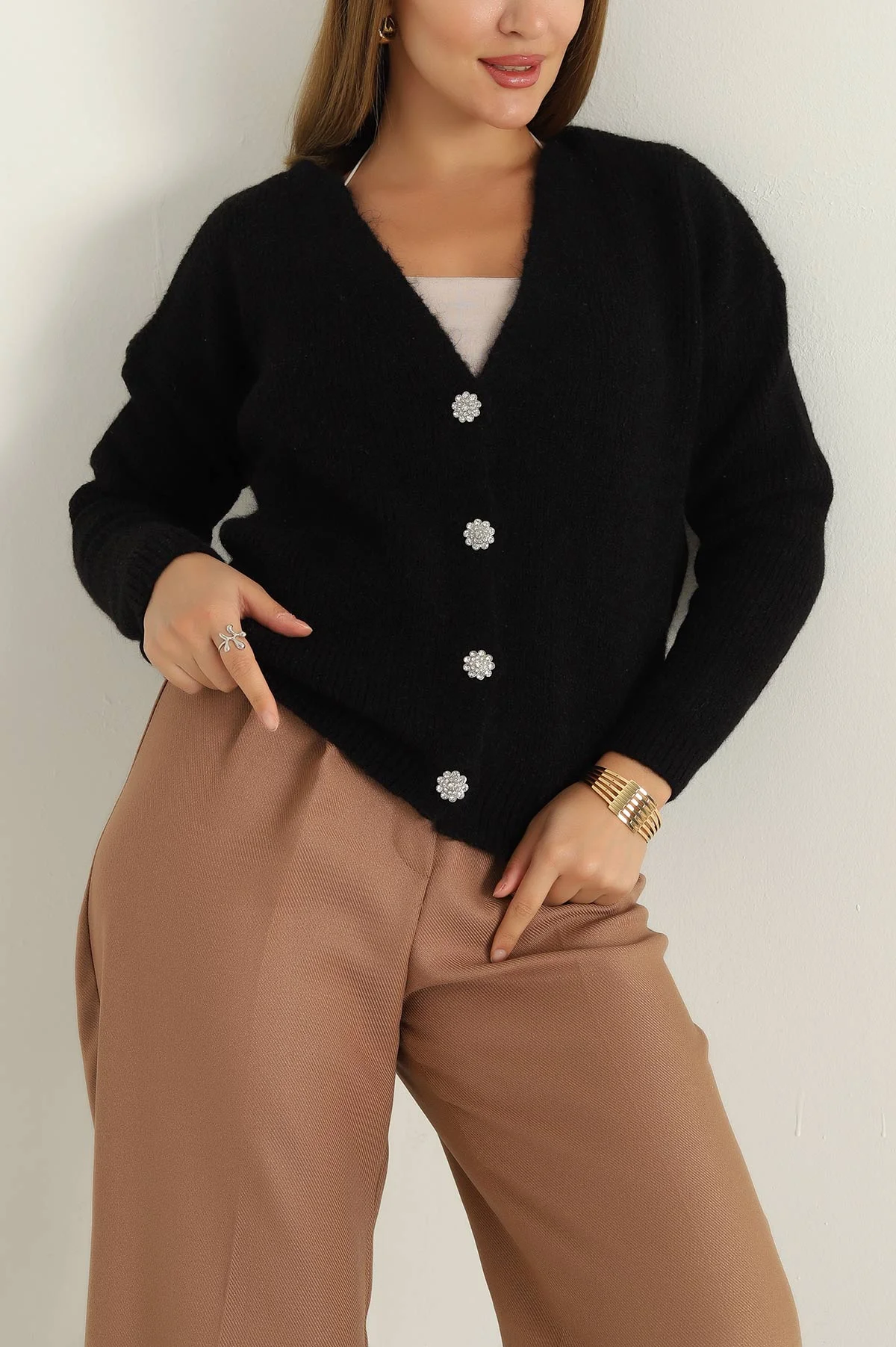 Siyah Taş Düğmeli Selanik Triko Hırka 294794