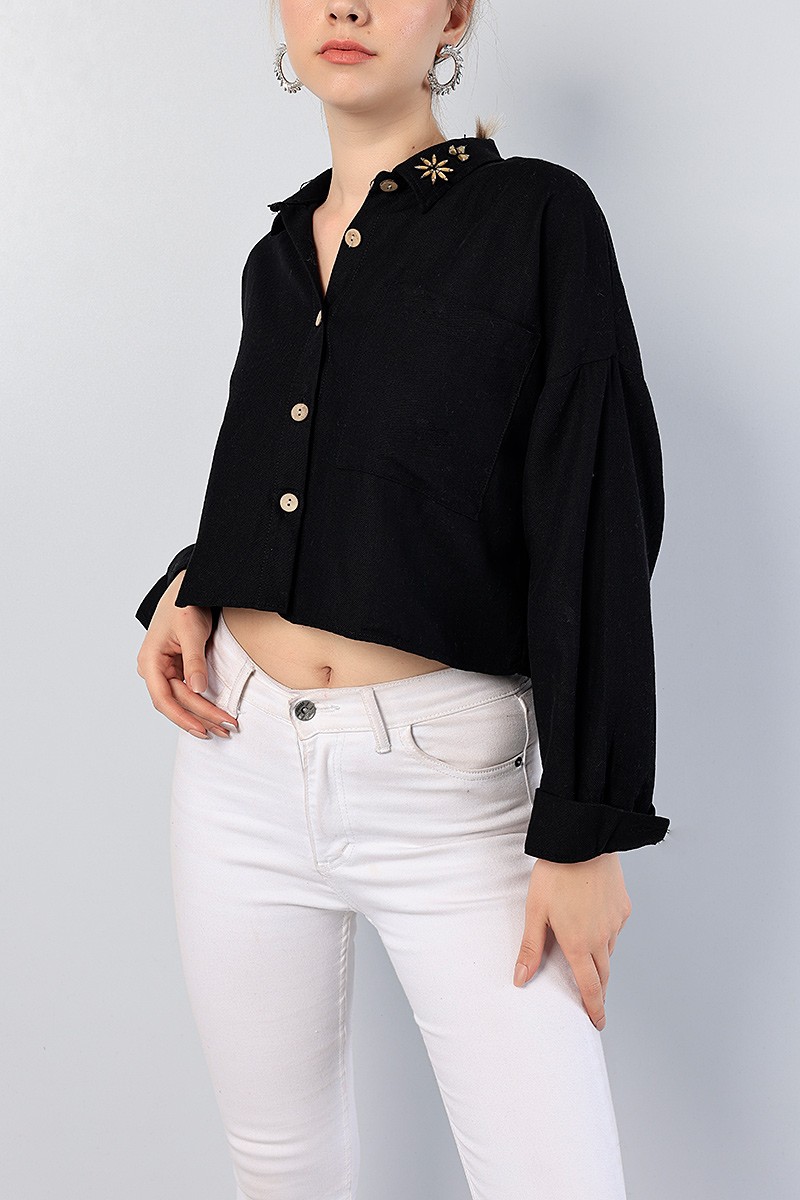 Siyah Taş işlemeli Gabardin Bayan Gömlek 81688