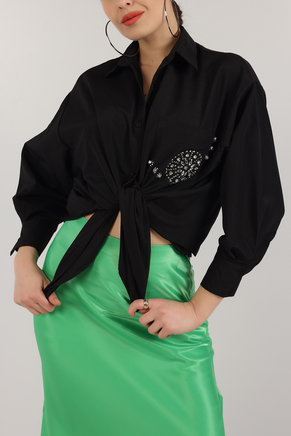Siyah Taş İşlemeli Poplin Dokuma Gömlek Tunik 159248