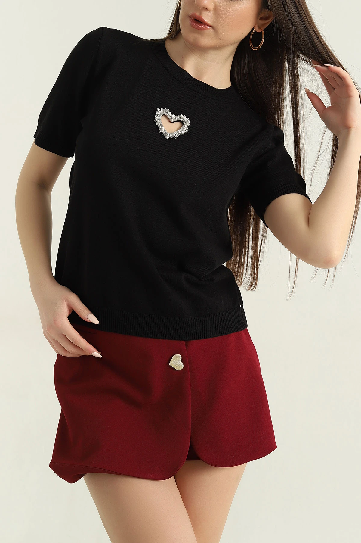 Siyah Taş İşlemeli Recycle Triko Bluz 355386