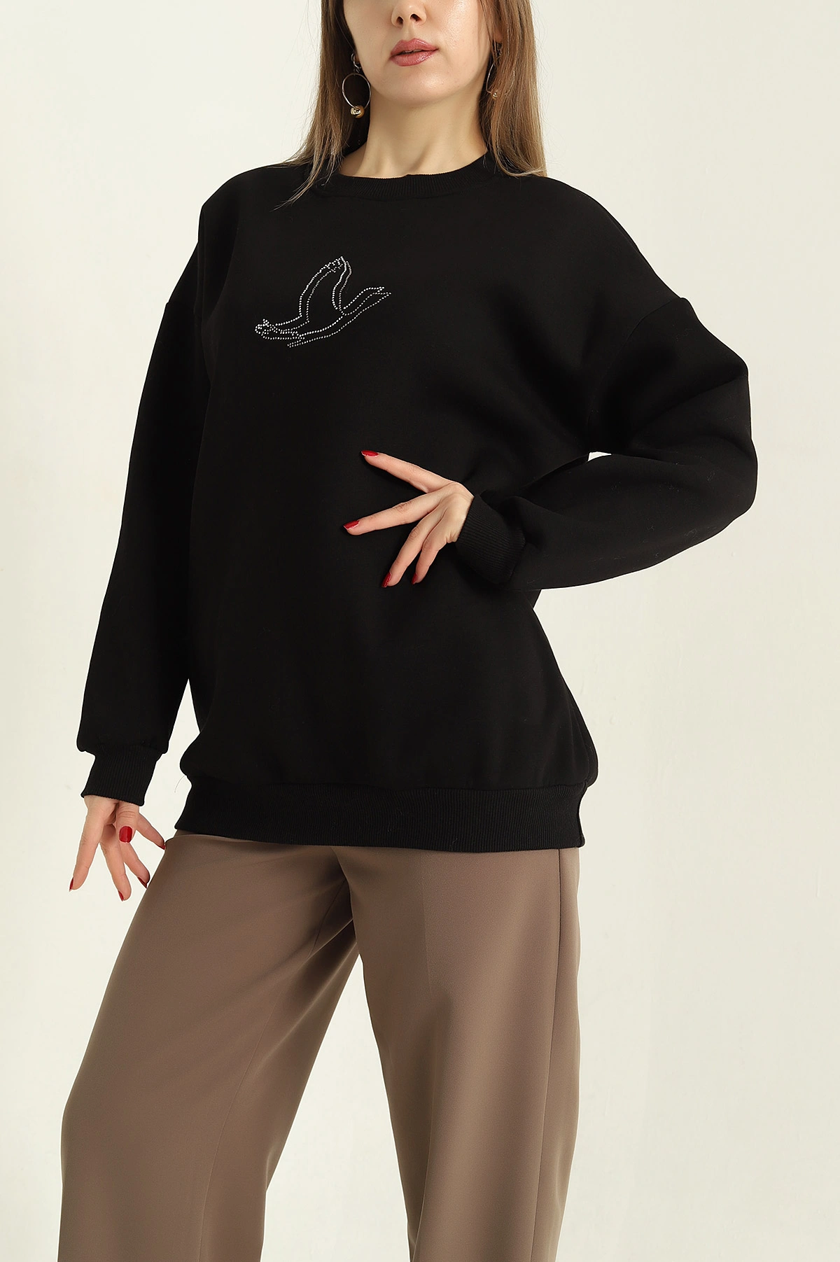 Siyah Taş İşlemeli Şardonlu Üç İp Sweat 328990