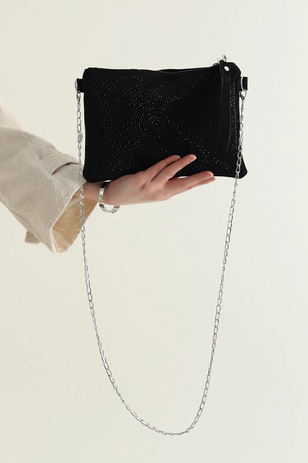 Siyah Taş Tasarımlı Fermuarlı Kadın El ve Omuz Çantası 433172