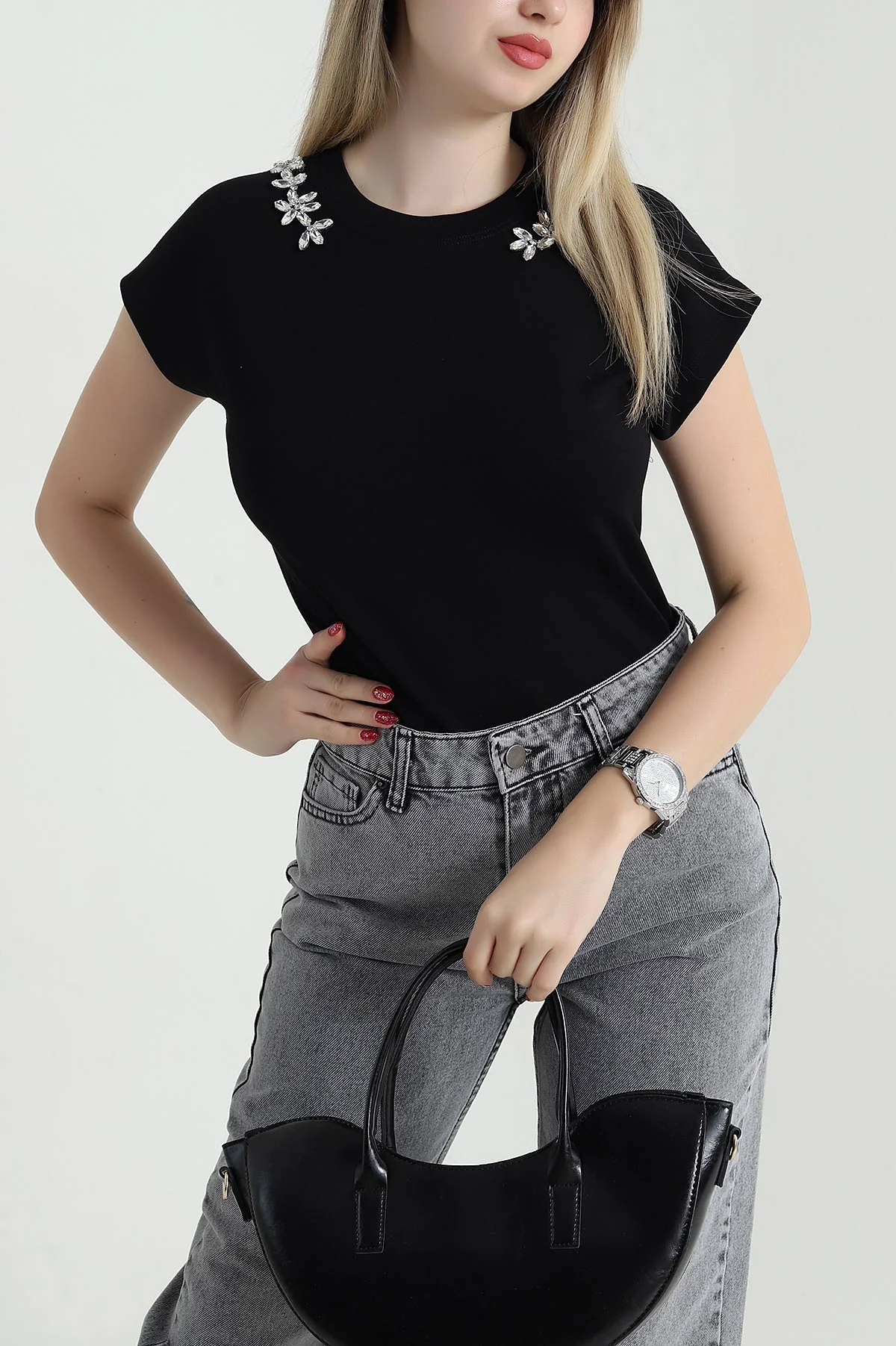 Siyah Taş Tasarımlı Yeni Sezon Kadın Bluz 471412