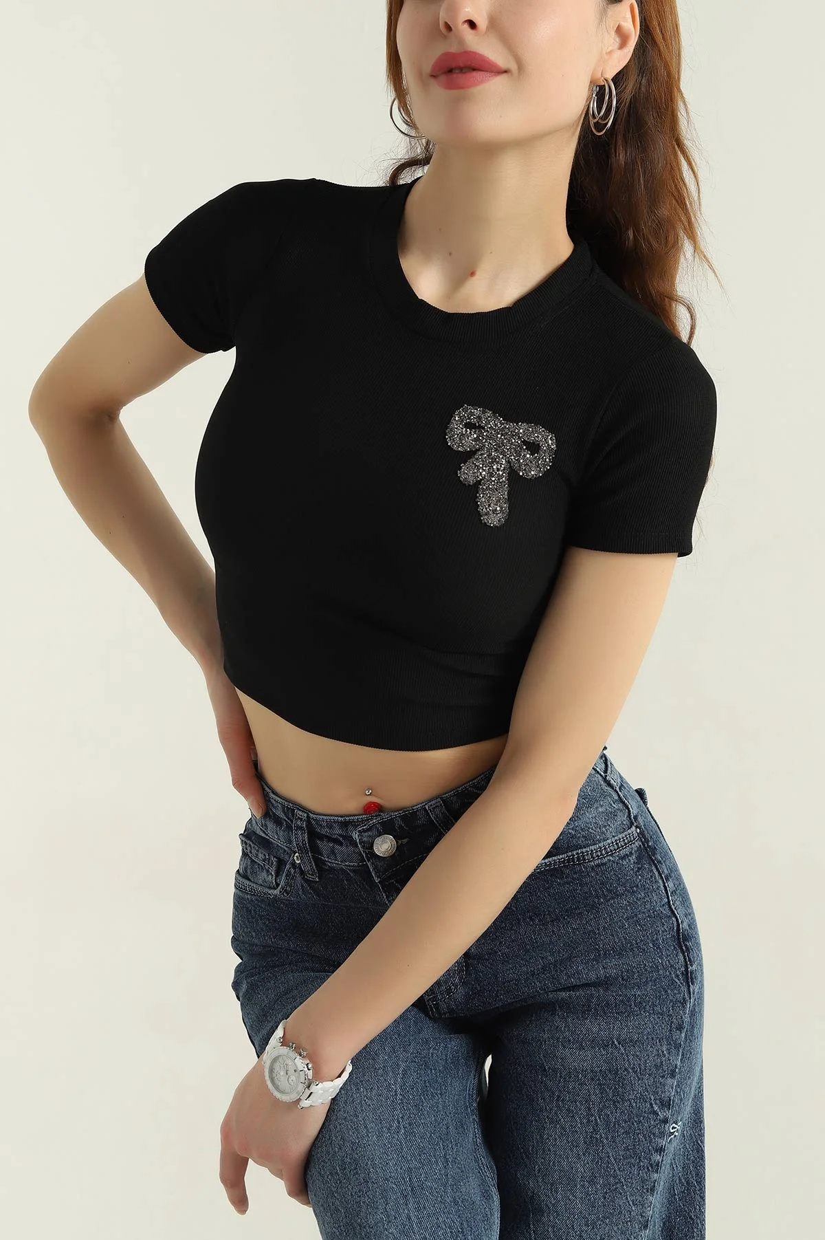 Siyah Taşlı Kurdela Ottoman Kadın Bluz 349567