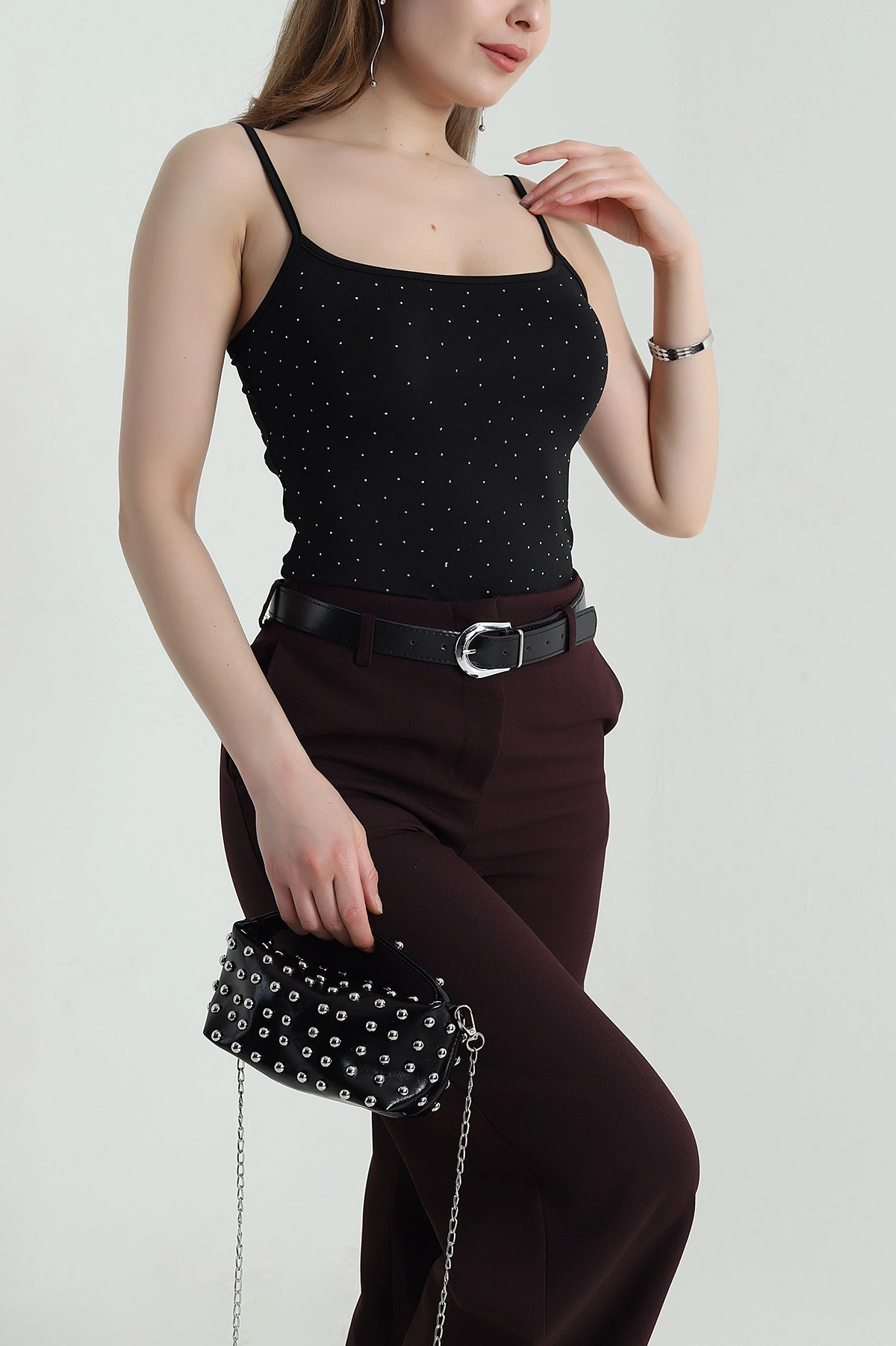 Siyah Taşlı Likralı Sandy Kadın Zıbın Bluz 458233