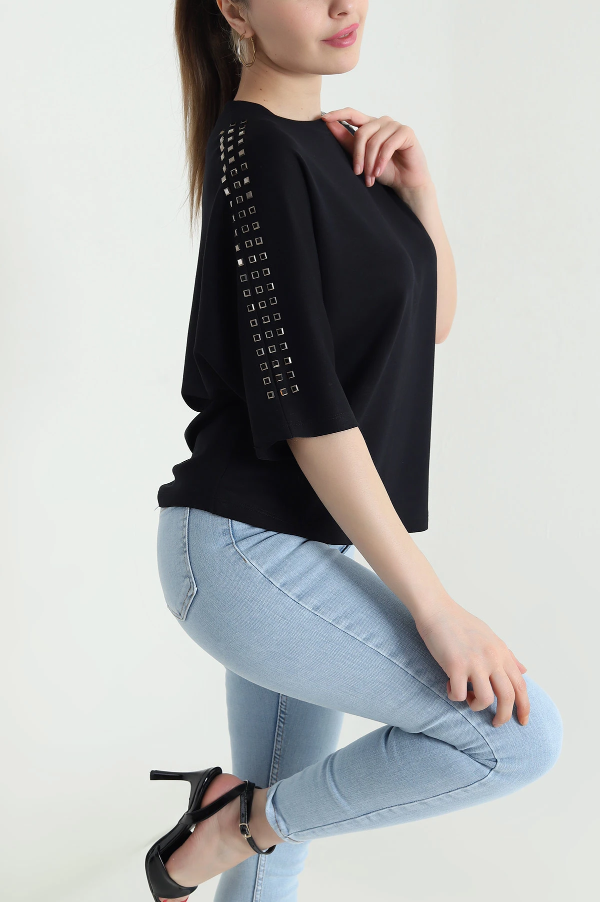 Siyah Taşlı Modal Salaş Kadın Bluz 444550