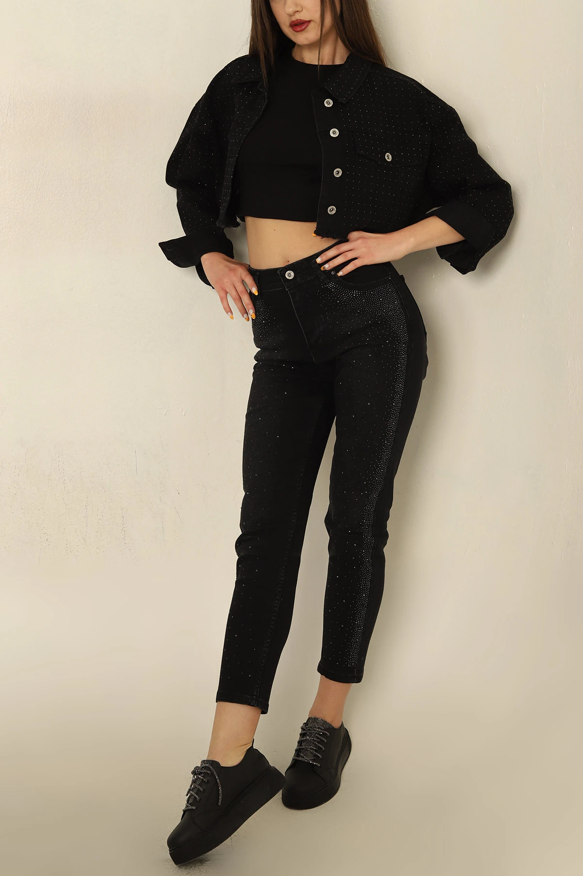 Siyah Taşlı Mom Kot Pantolon 267844