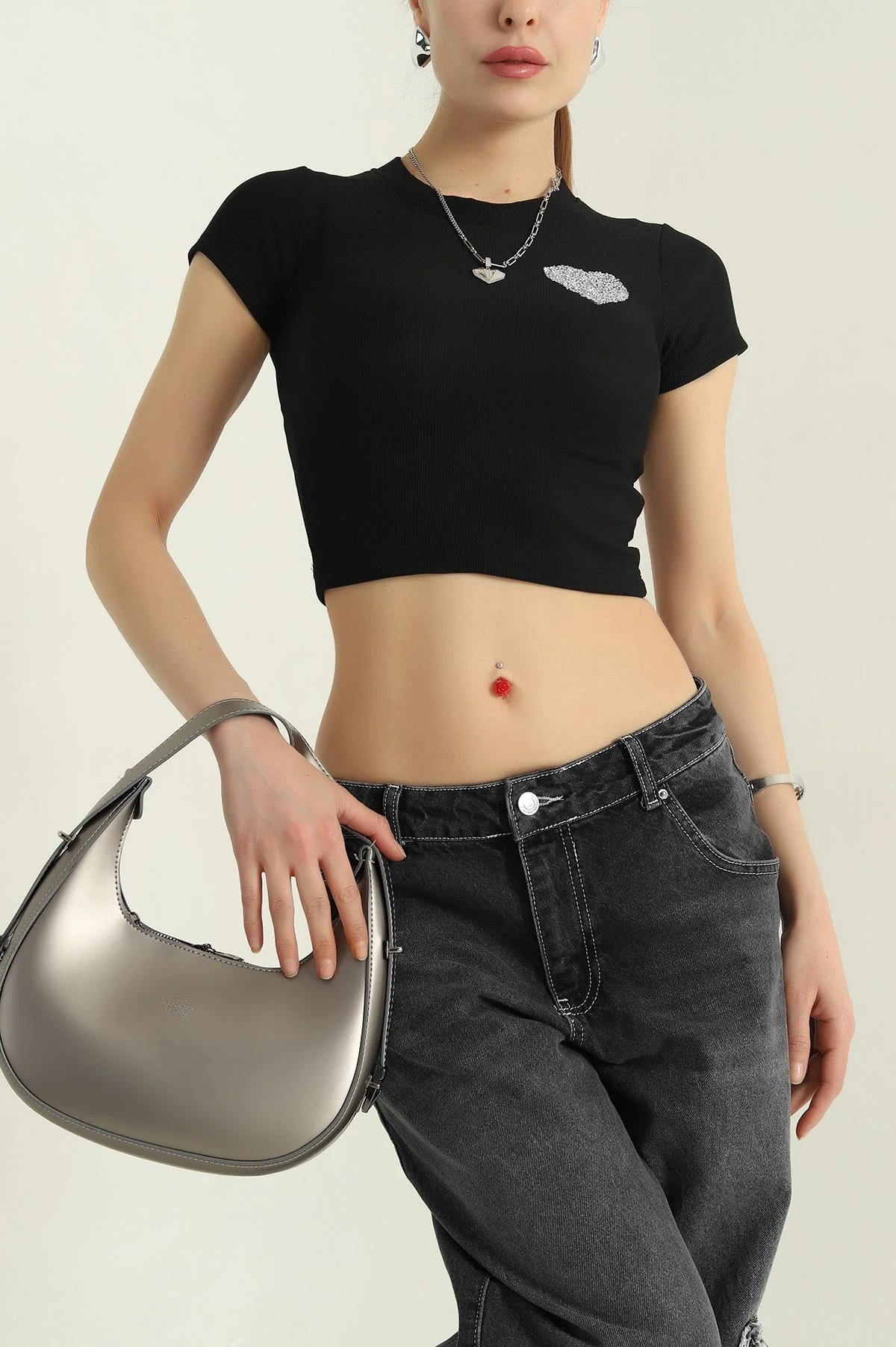 Siyah Taşlı Ottoman Likralı Kadın Bluz 349642