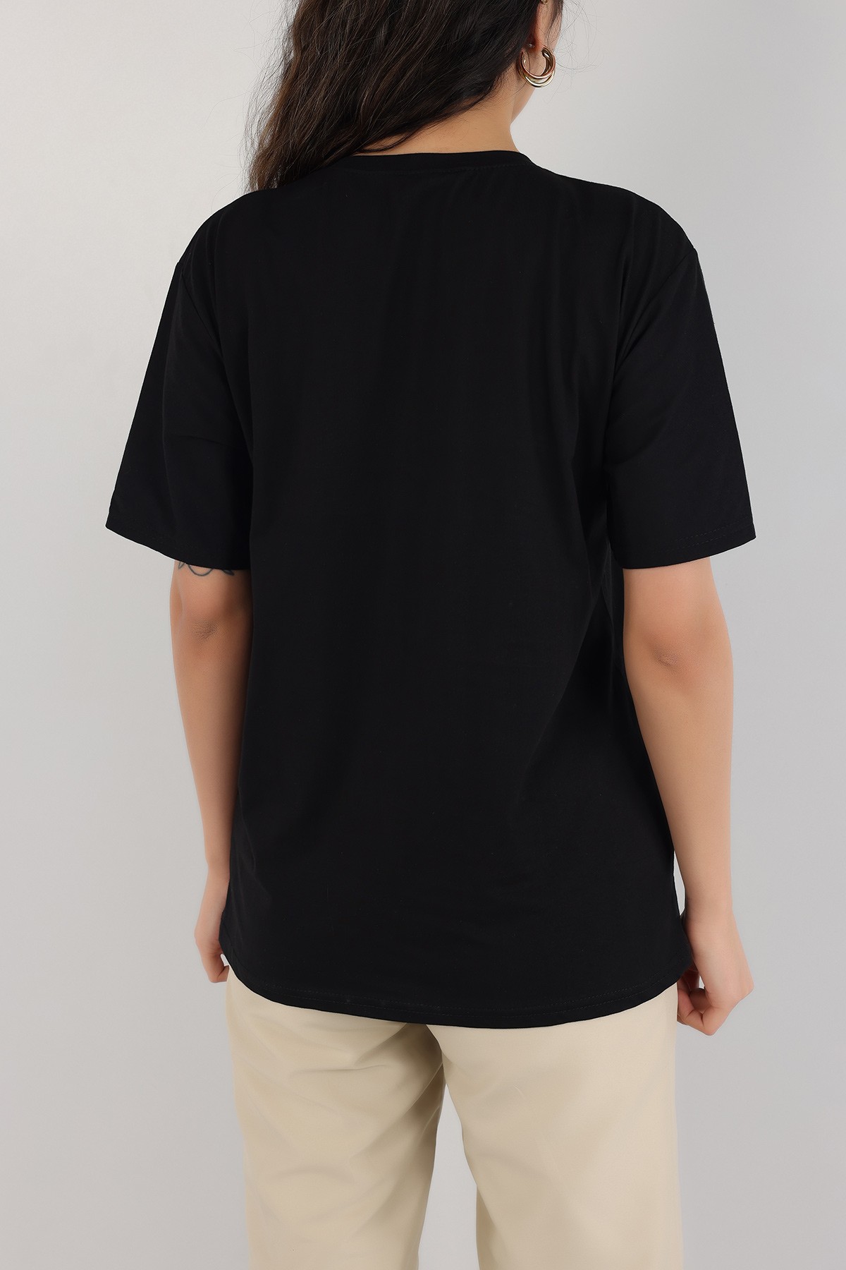 Siyah Taşlı Oversize Bayan Tişört 163051