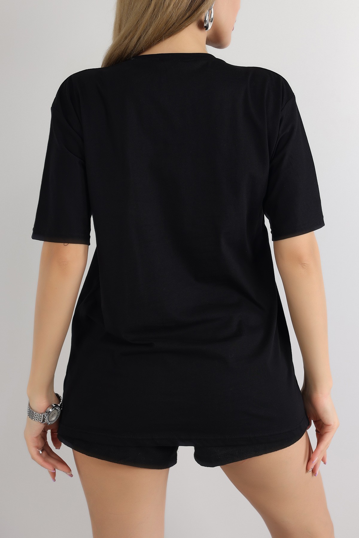 Siyah Taşlı Oversize Bayan Tişört 163053
