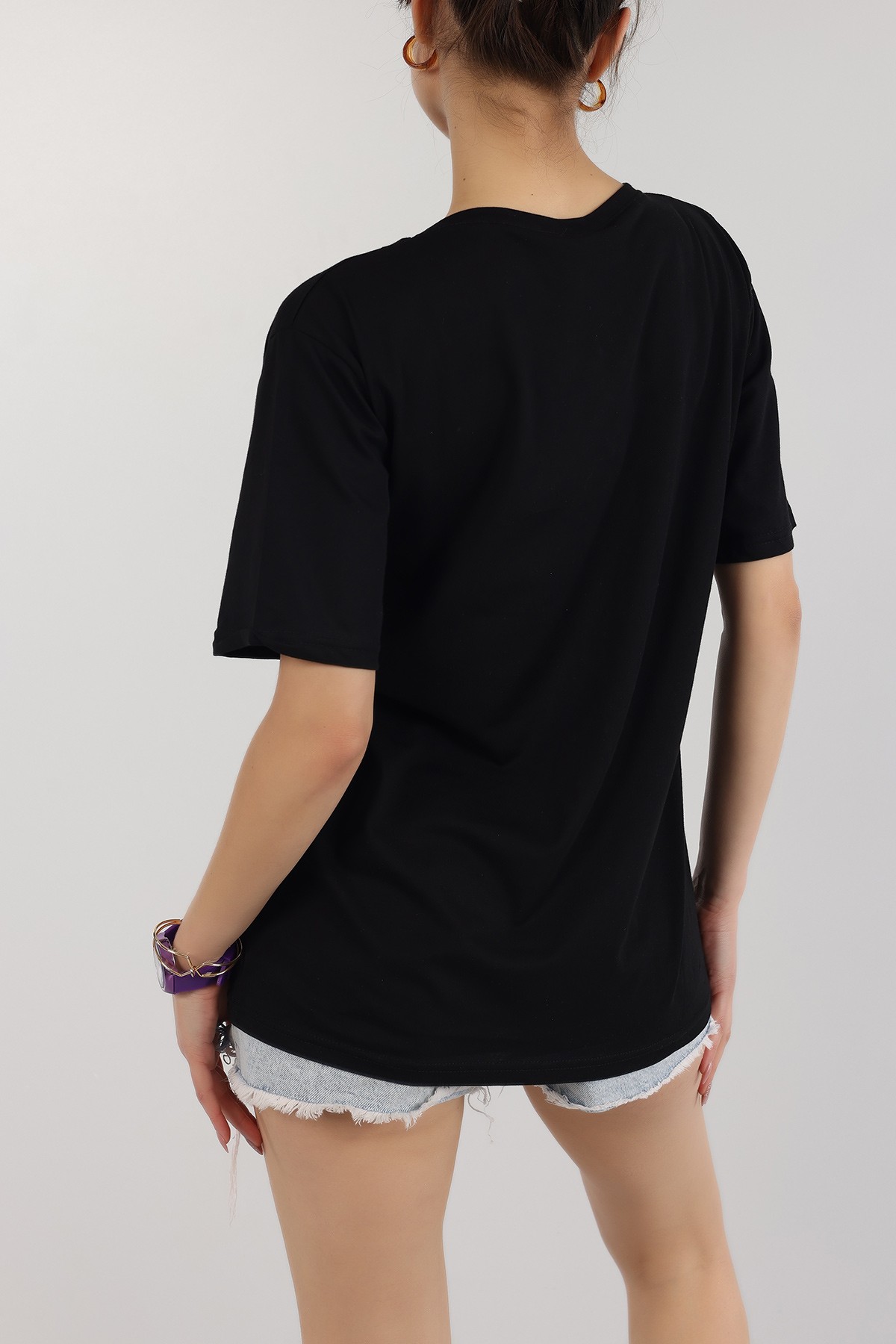 Siyah Taşlı Oversize Bayan Tişört 163055