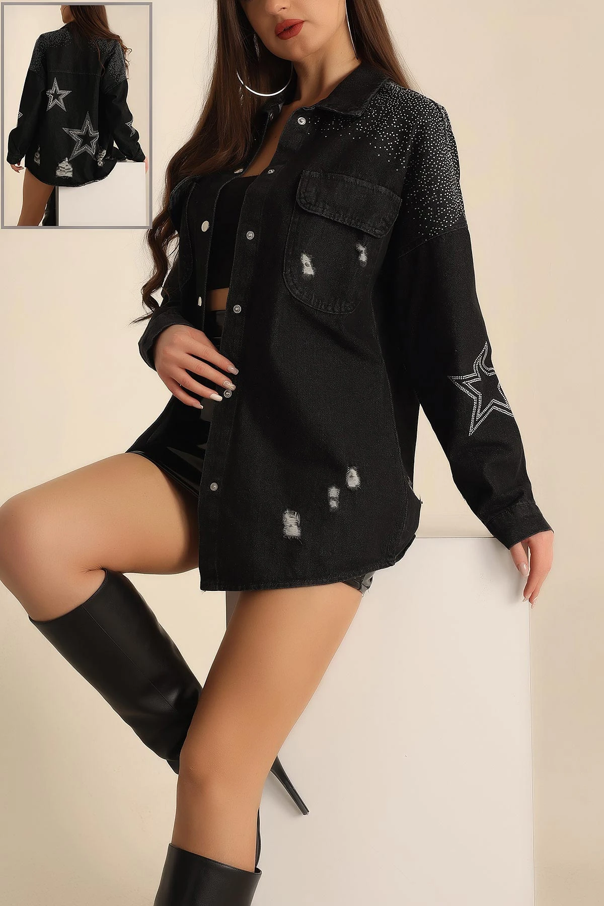 Siyah Taşlı Tasarım Kot Gömlek Ceket 227593