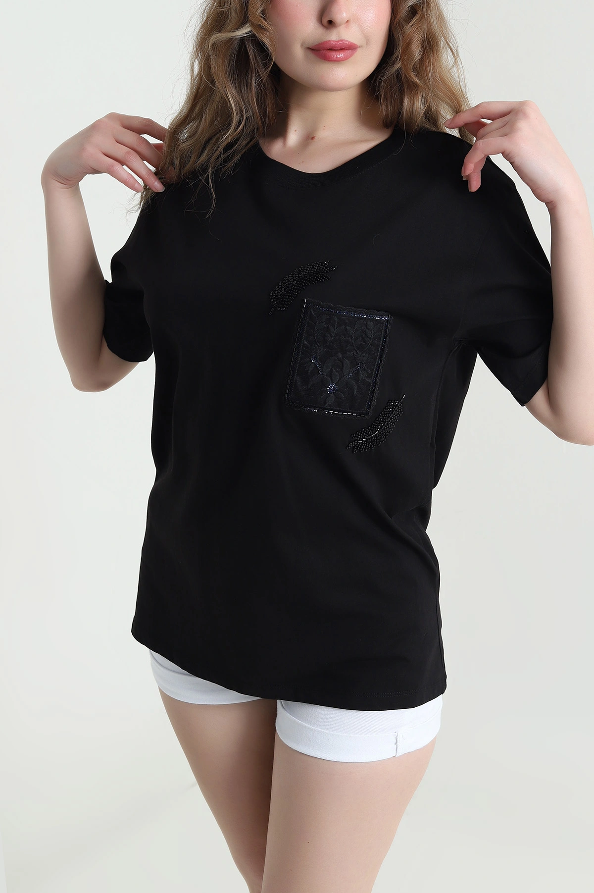 Siyah Taşlı Tasarım Oversize Süprem Kadın Tişört 451801