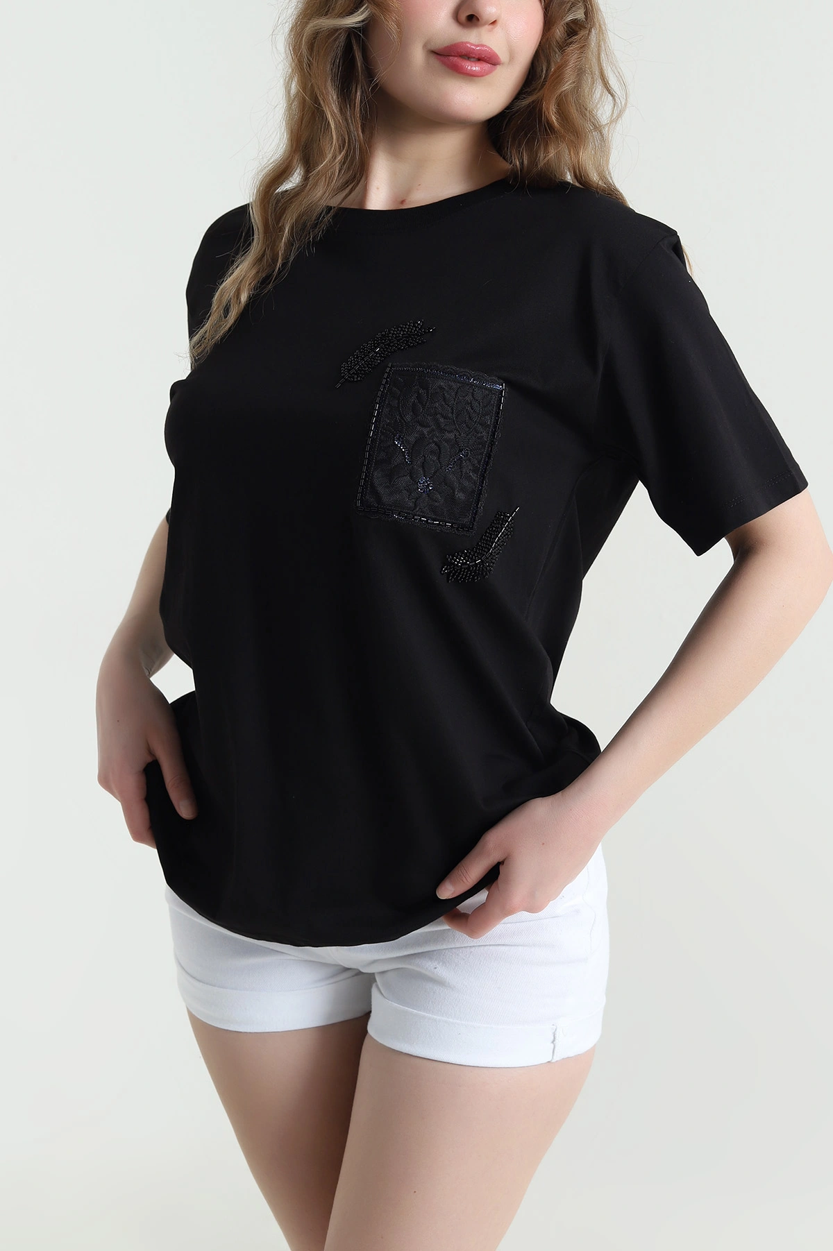 Siyah Taşlı Tasarım Oversize Süprem Kadın Tişört 451801