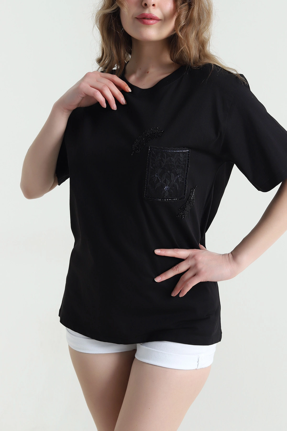 Siyah Taşlı Tasarım Oversize Süprem Kadın Tişört 451801