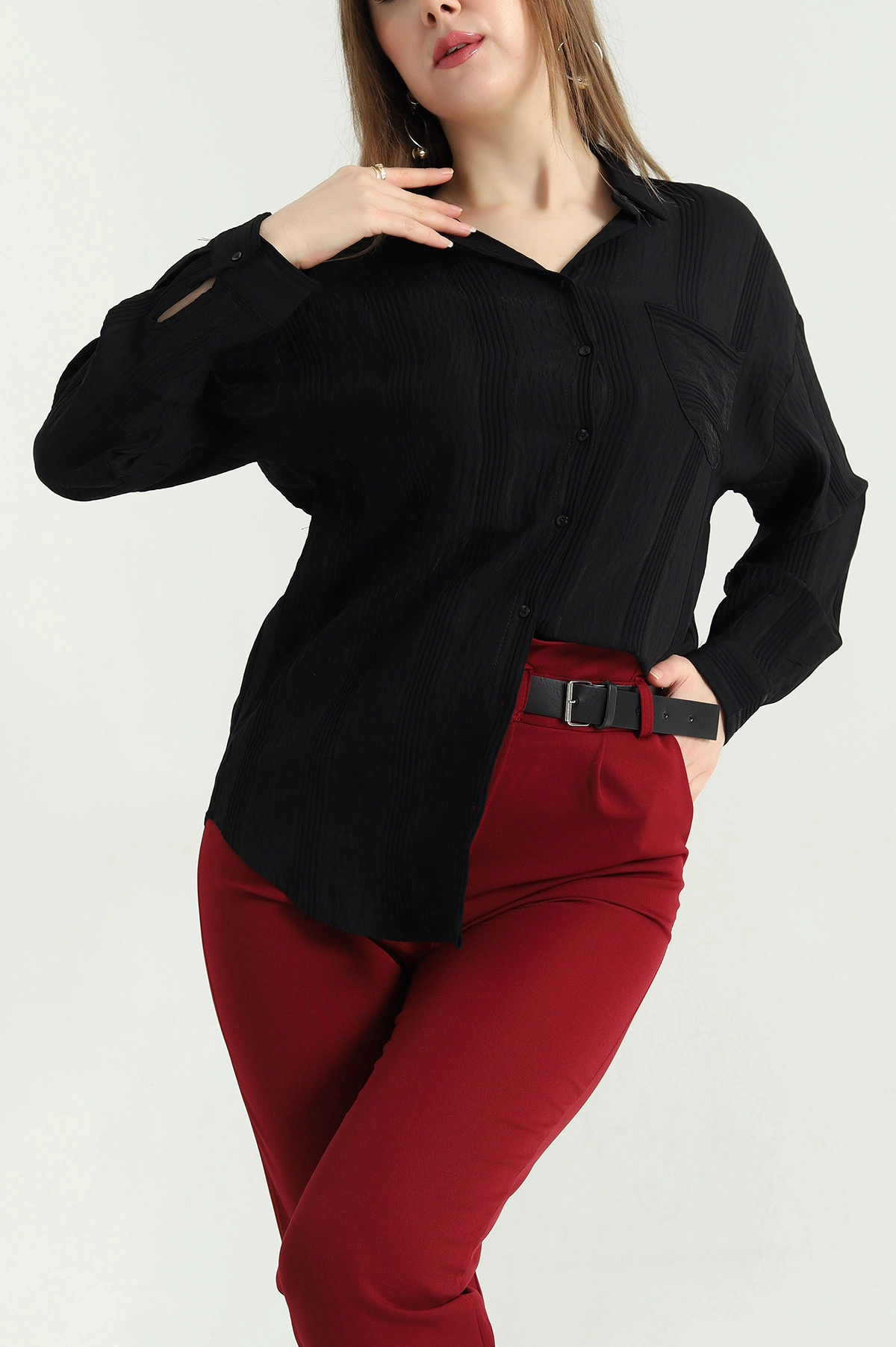 Siyah Tek Cep Floş Kumaş Bayan Gömlek 337983