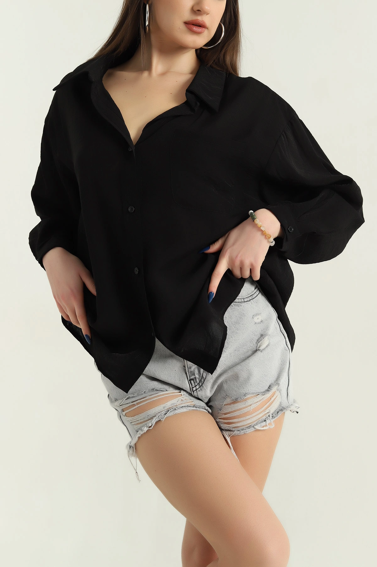 Siyah Tek Cep Oversize Dokuma Bayan Gömlek 336956