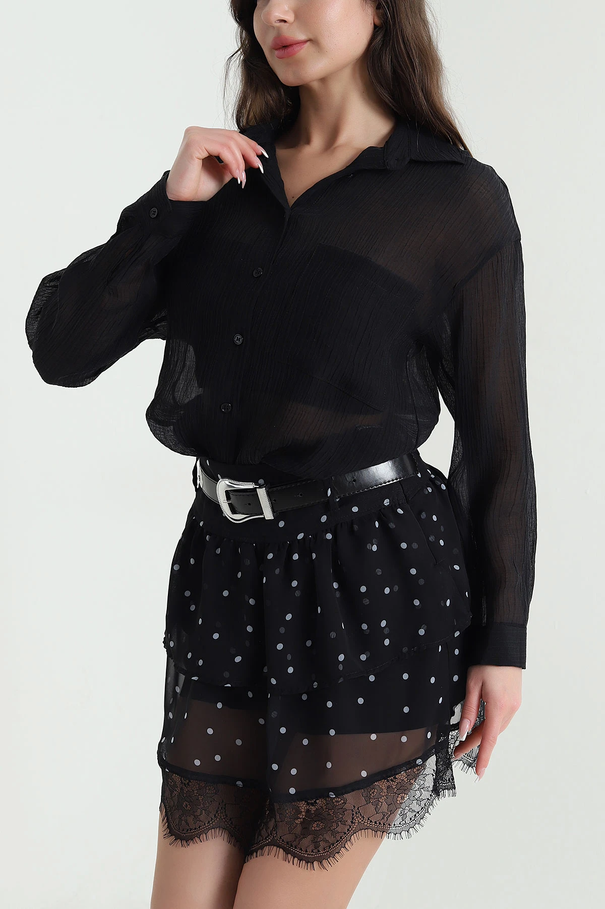 Siyah Tek Cep Tencel Kadın Gömlek 456029