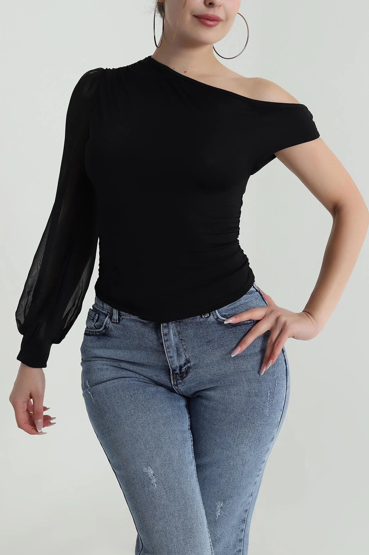 Siyah Tek Kol Şifon Kadın Bluz 486192