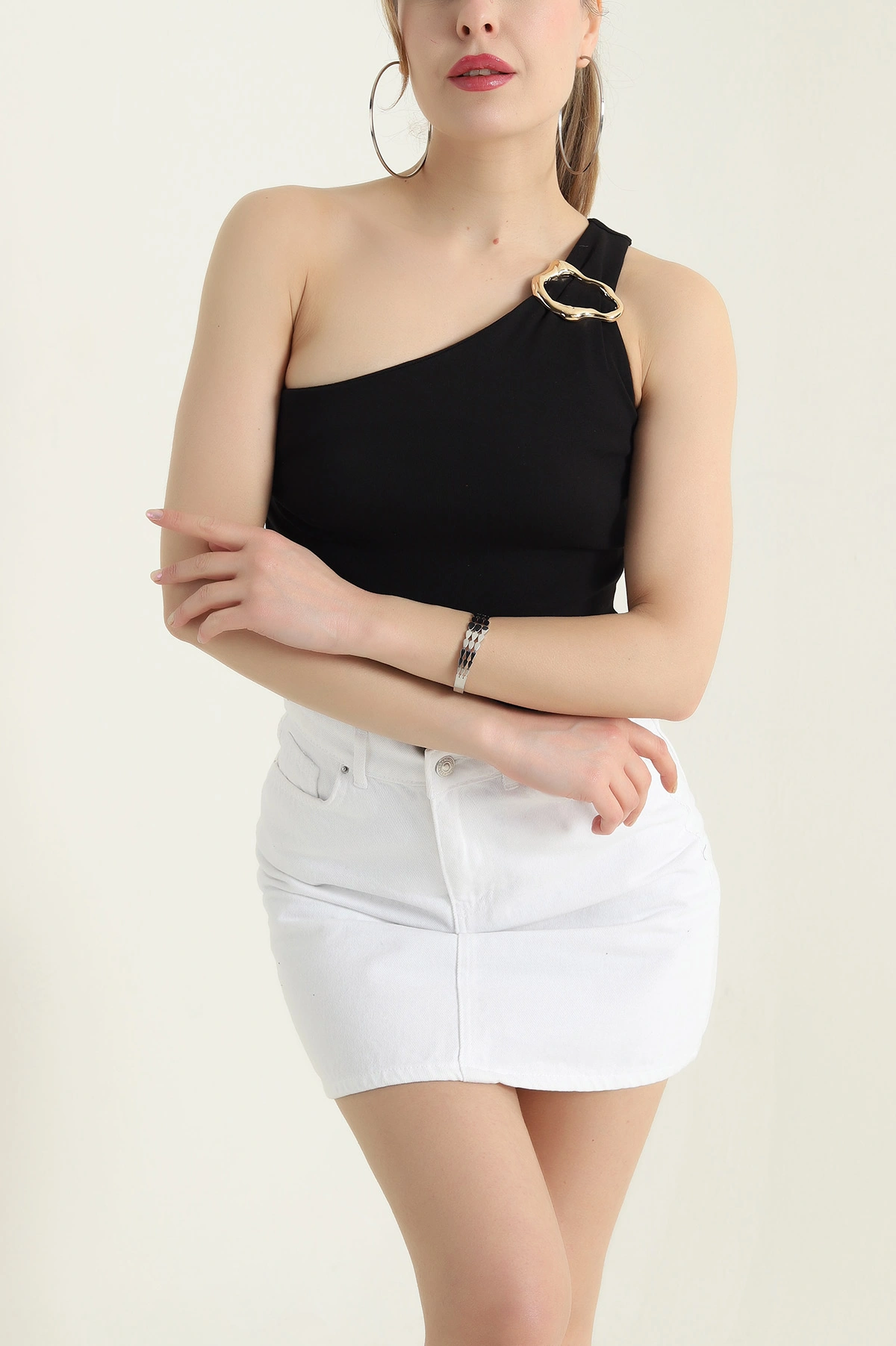 Siyah Tek Omuz Ribana Kadın Zıbın Bluz 432974
