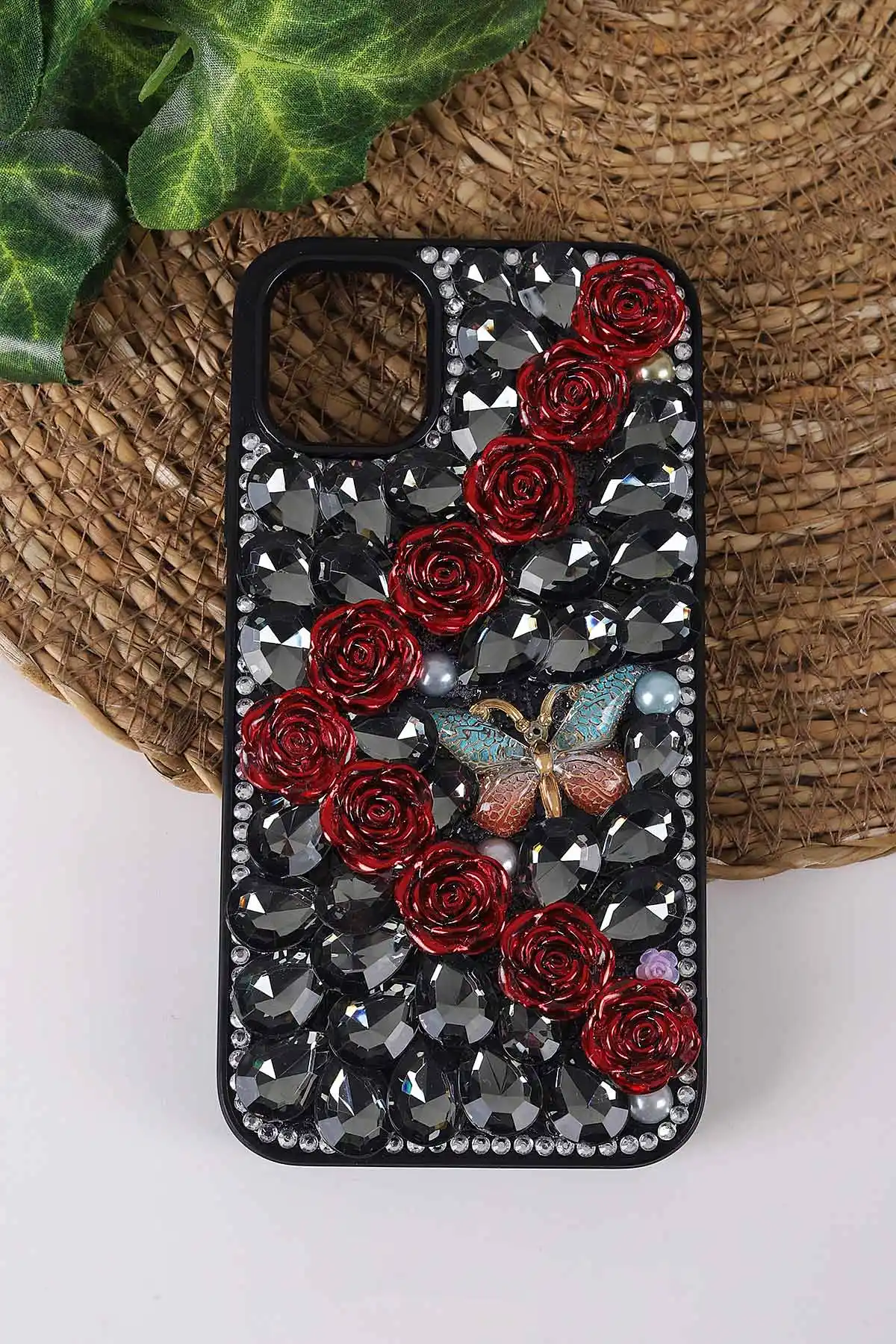 Siyah TeknoCase İPhone 11 Uyumlu Daisy Case Serisi Taşlı Vakumlu Sert Silikon Telefon Kılıfı 431014