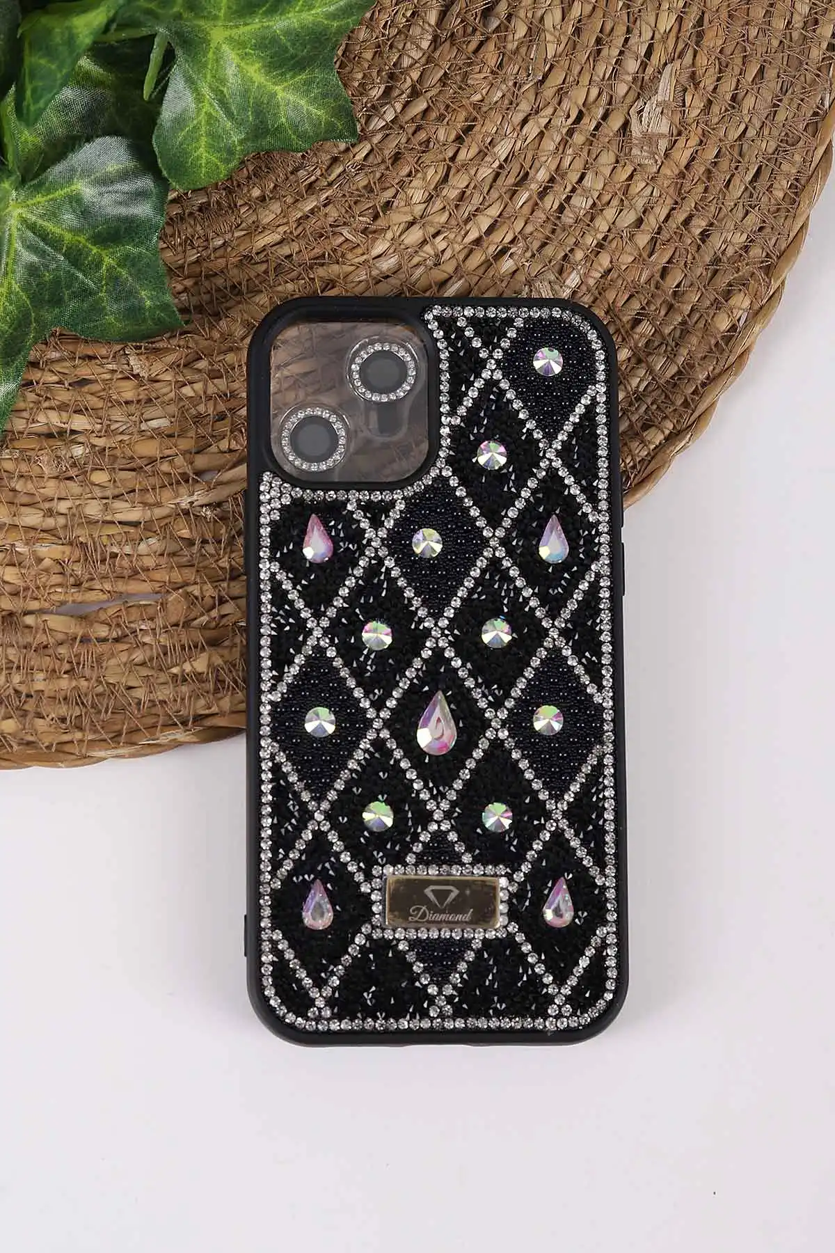 Siyah TeknoCase İPhone 12 Uyumlu Dlr Diamond Case Serisi Lens Hediyeli Premium Sert Silikon Telefon Kılıfı 430342