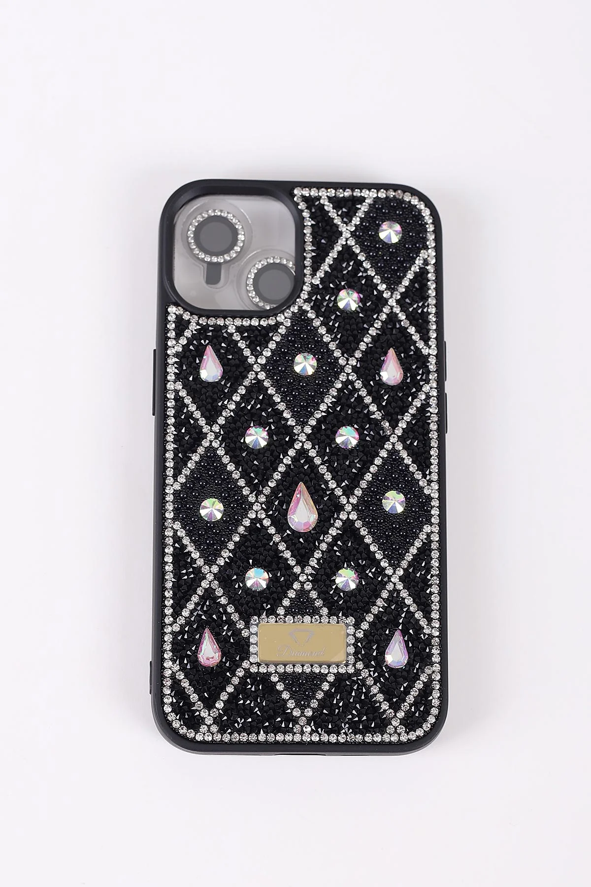 Siyah TeknoCase İPhone 13 Uyumlu Dlr Diamond Case Serisi Lens Hediyeli Premium Sert Silikon Telefon Kılıfı 430346