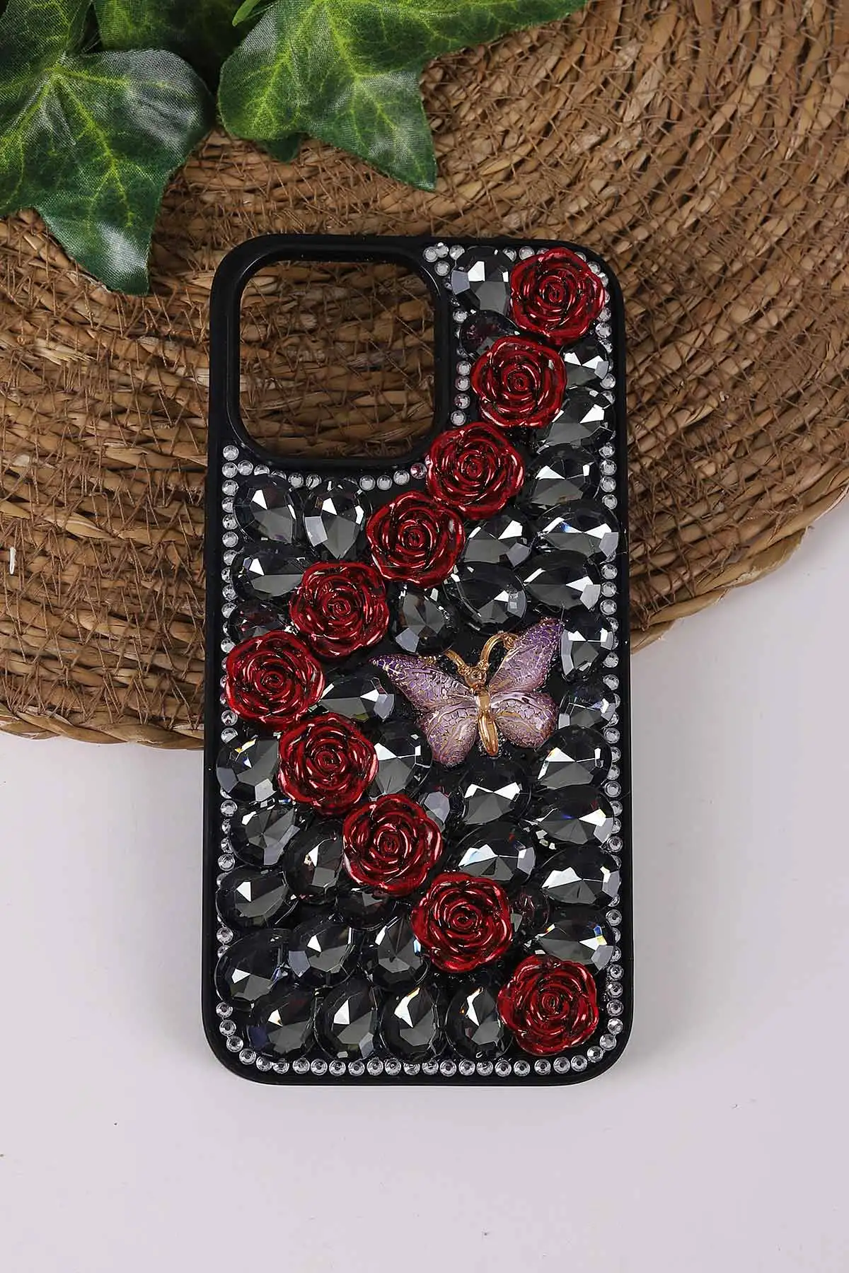 Siyah TeknoCase İPhone 14 Pro Max Uyumlu Daisy Case Serisi Taşlı Vakumlu Sert Silikon Telefon Kılıfı 431049