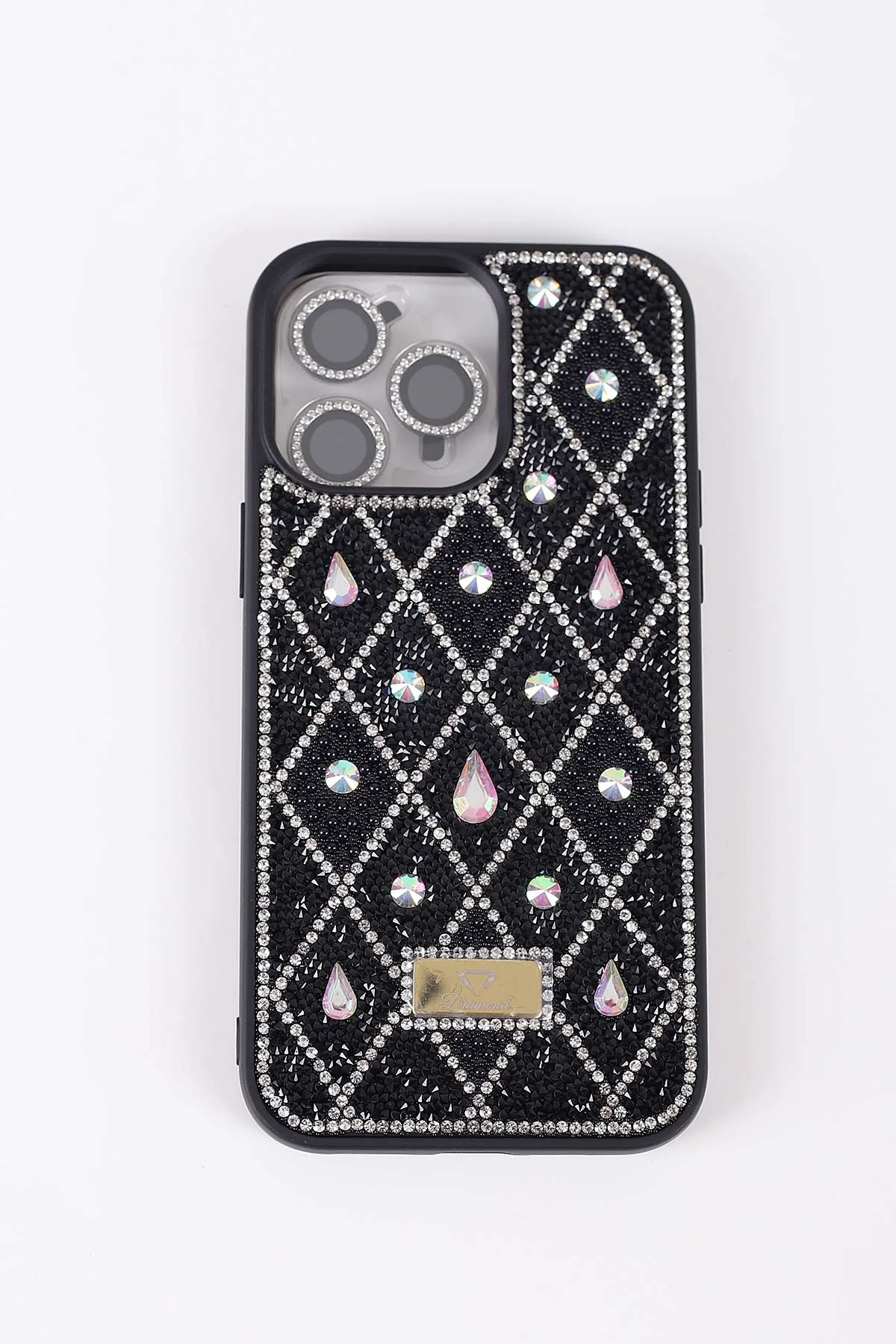Siyah TeknoCase İPhone 14 Pro Max Uyumlu Dlr Diamond Case Serisi Lens Hediyeli Premium Sert Silikon Telefon Kılıfı 430364