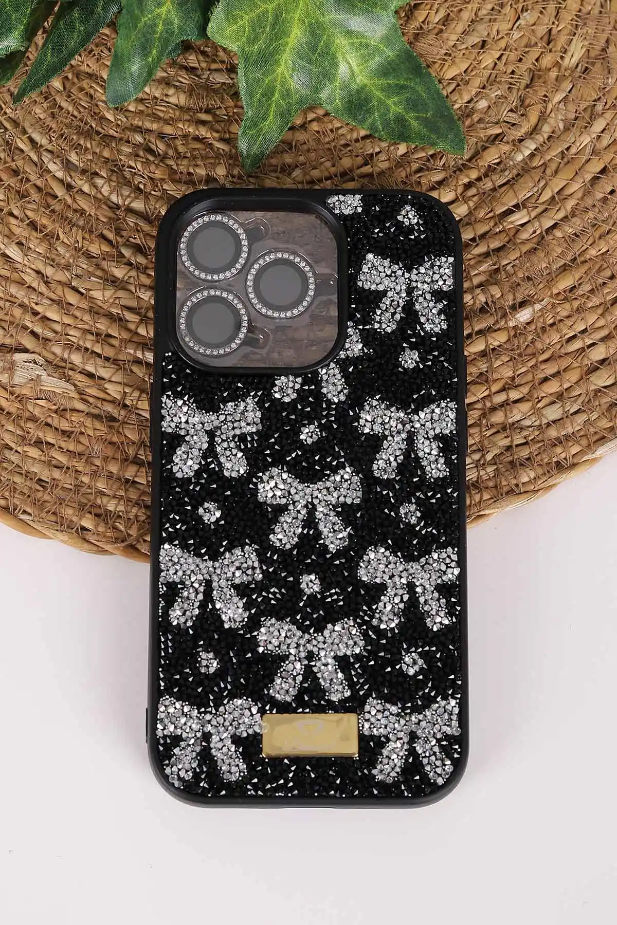 Siyah TeknoCase İPhone 14 Pro Uyumlu Perfect Diamond Case Serisi Taşlı Lens Hediyeli Sert Silikon Telefon Kılıfı 480793