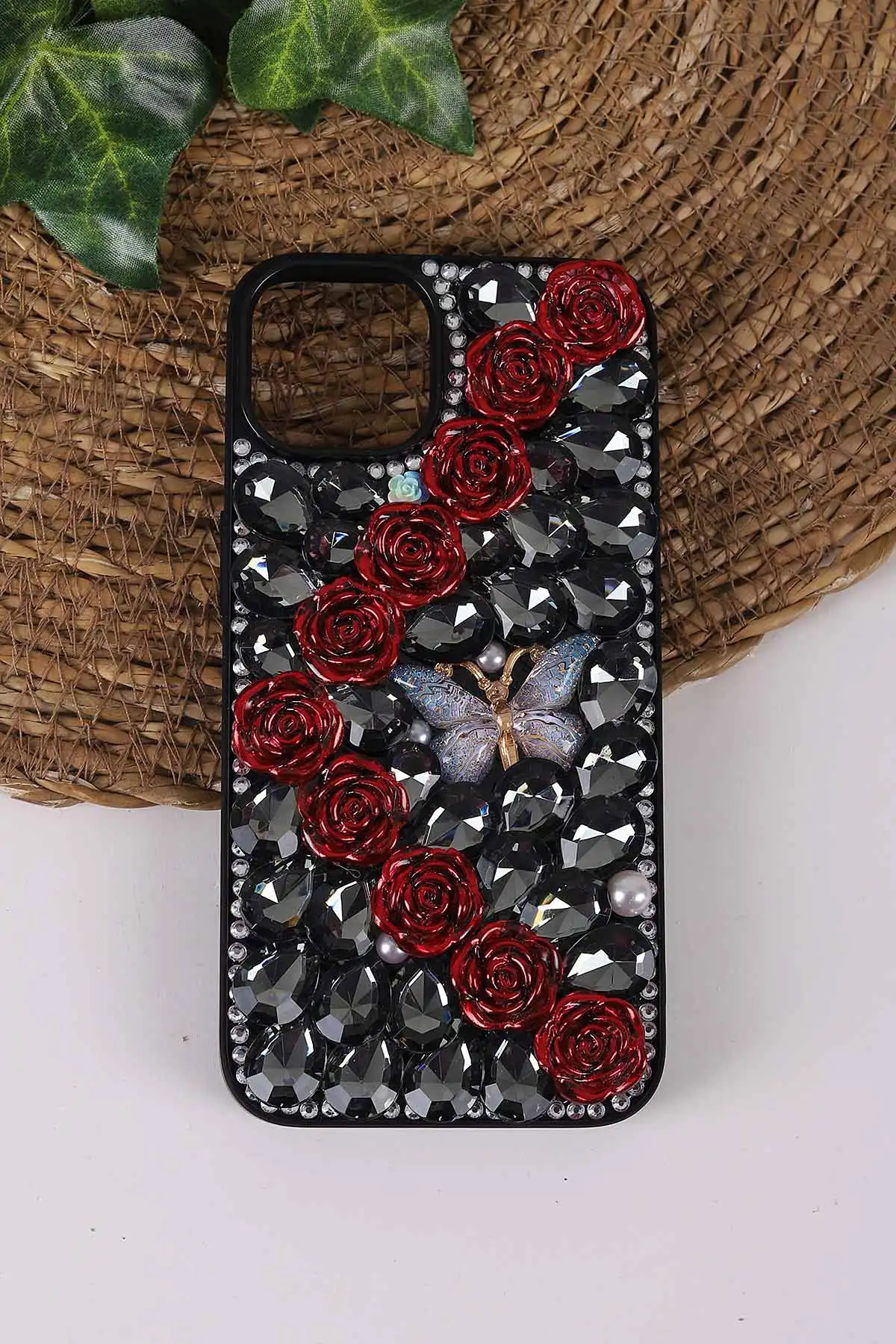Siyah TeknoCase İPhone 14 Uyumlu Daisy Case Serisi Taşlı Vakumlu Sert Silikon Telefon Kılıfı 431041