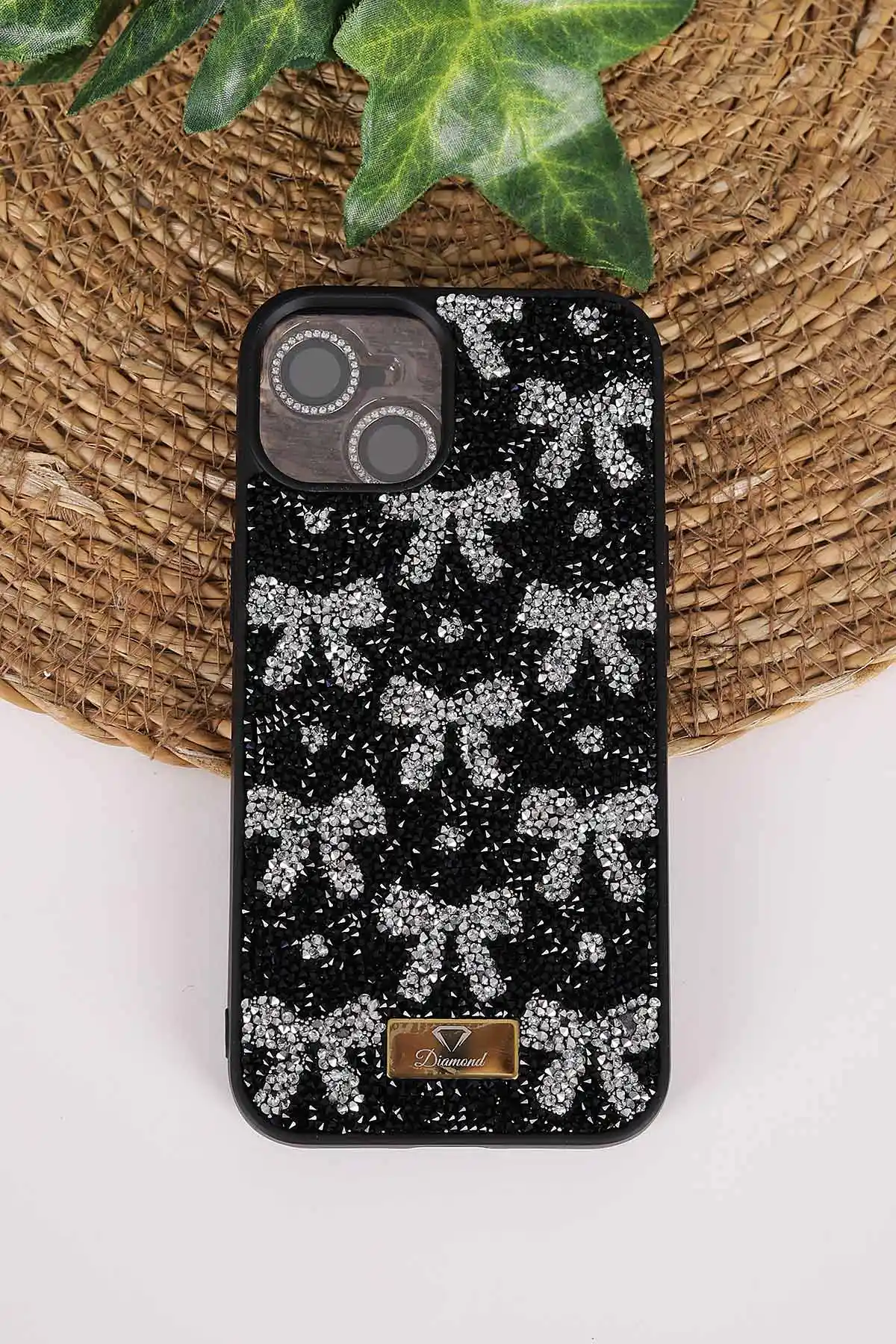 Siyah TeknoCase İPhone 14 Uyumlu Perfect Diamond Case Serisi Taşlı Lens Hediyeli Sert Silikon Telefon Kılıfı 480779