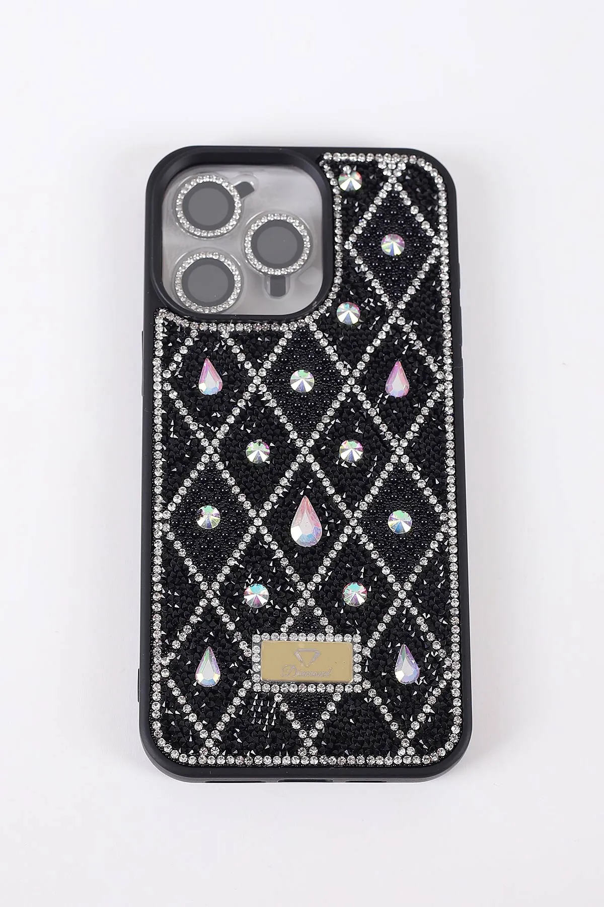 Siyah TeknoCase İPhone 15 Pro Max Uyumlu Dlr Diamond Case Serisi Lens Hediyeli Premium Sert Silikon Telefon Kılıfı 430377