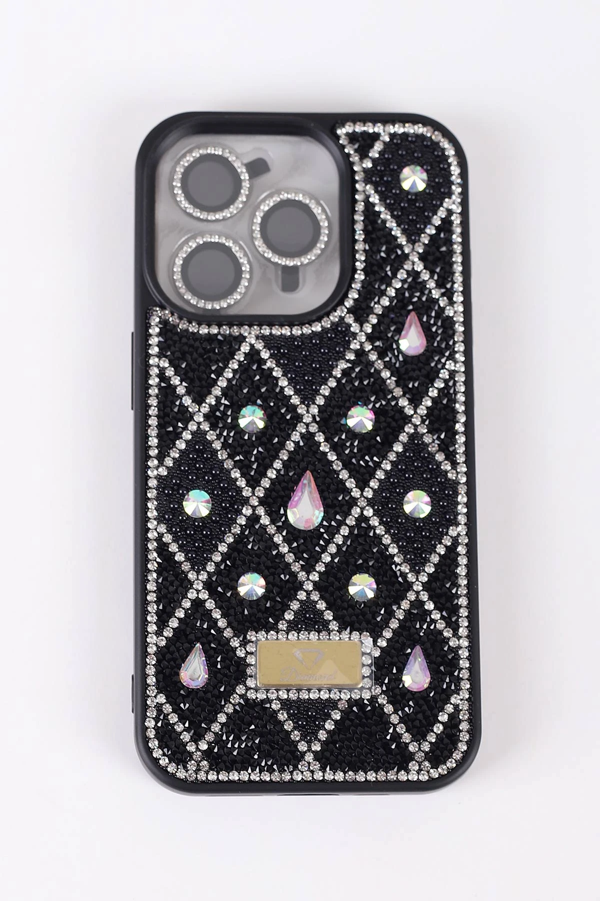 Siyah TeknoCase İPhone 15 Pro Uyumlu Dlr Diamond Case Serisi Lens Hediyeli Premium Sert Silikon Telefon Kılıfı 430373