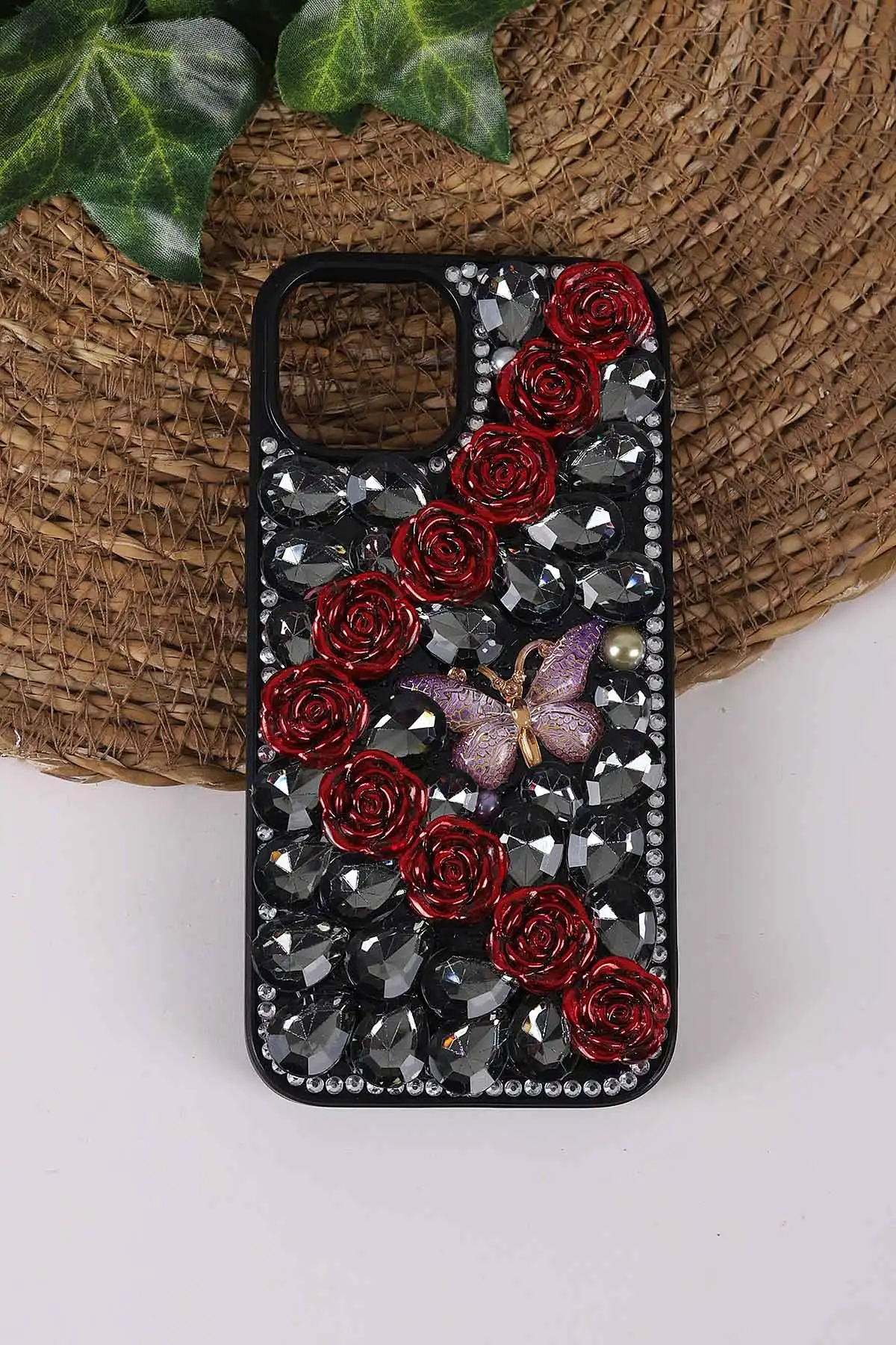 Siyah TeknoCase İPhone 15 Uyumlu Daisy Case Serisi Taşlı Vakumlu Sert Silikon Telefon Kılıfı 431061