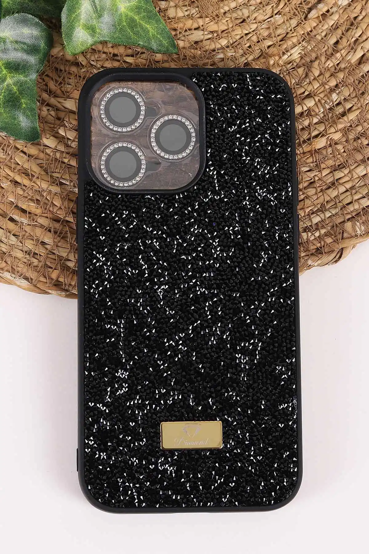 Siyah TeknoCase İPhone 15 Uyumlu Ella Diamond Case Serisi Lens Hediyeli Sert Silikon Telefon Kılıfı 457747