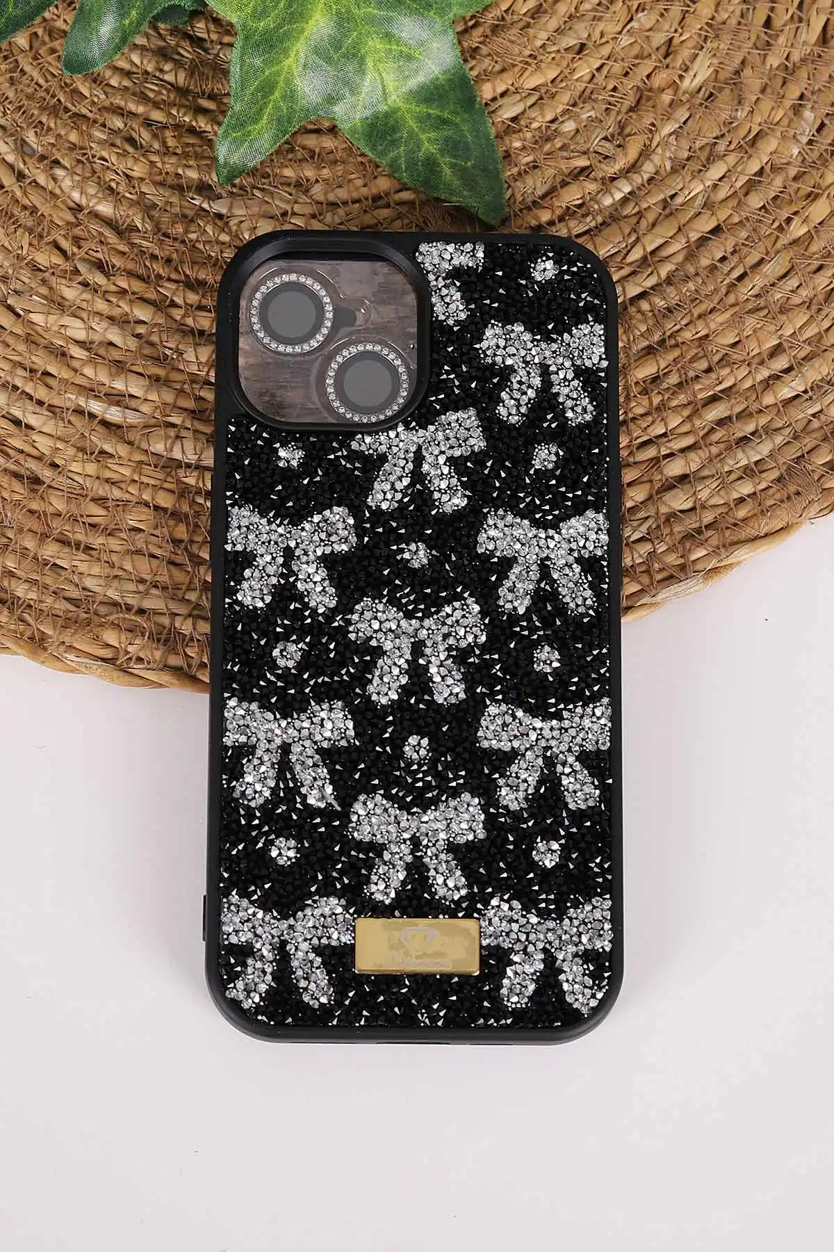 Siyah TeknoCase İPhone 15 Uyumlu Perfect Diamond Case Serisi Taşlı Lens Hediyeli Sert Silikon Telefon Kılıfı 480809