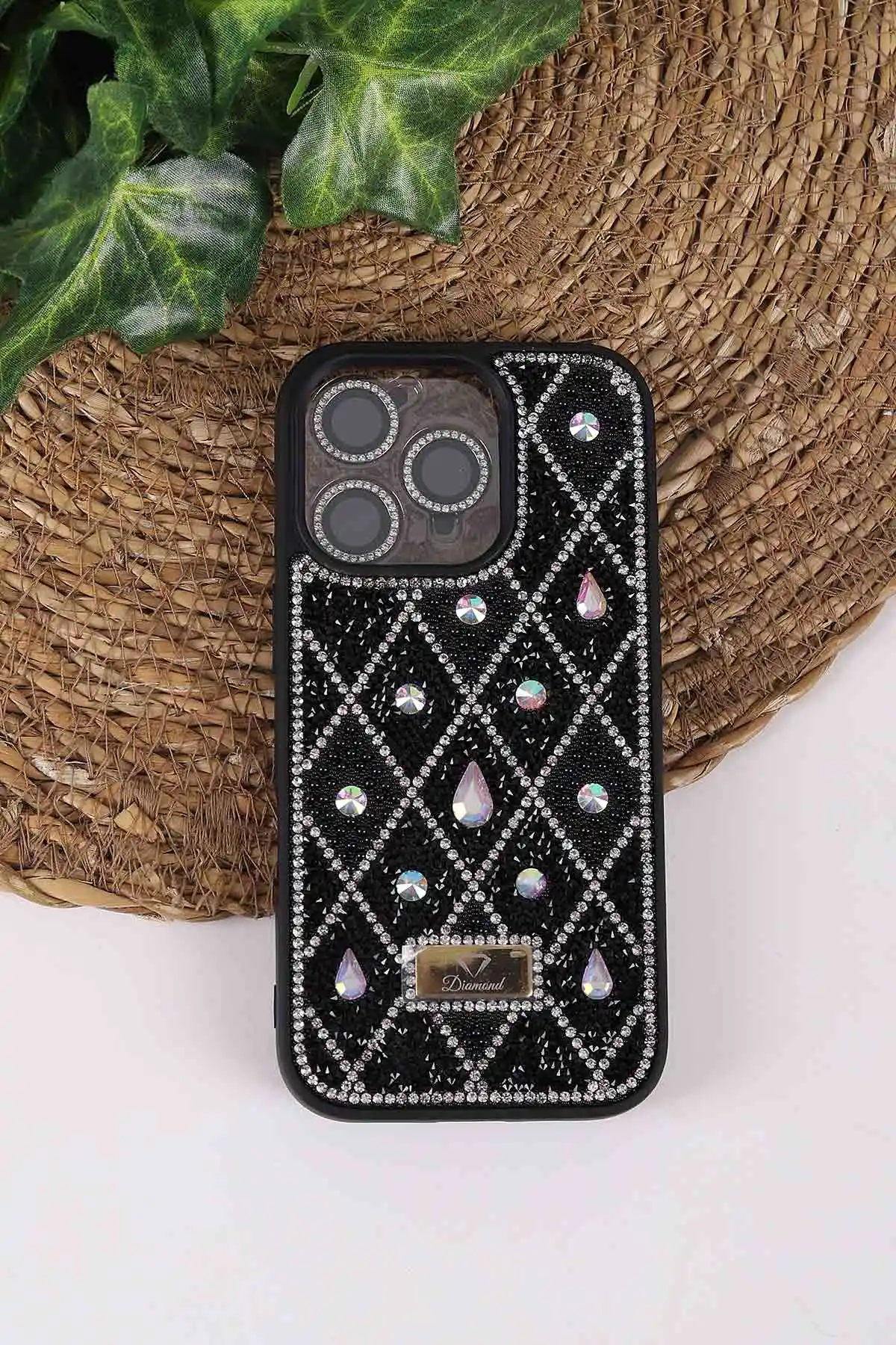 Siyah TeknoCase İPhone 16 Pro Uyumlu Dlr Diamond Case Serisi Lens Hediyeli Premium Sert Silikon Telefon Kılıfı 430385