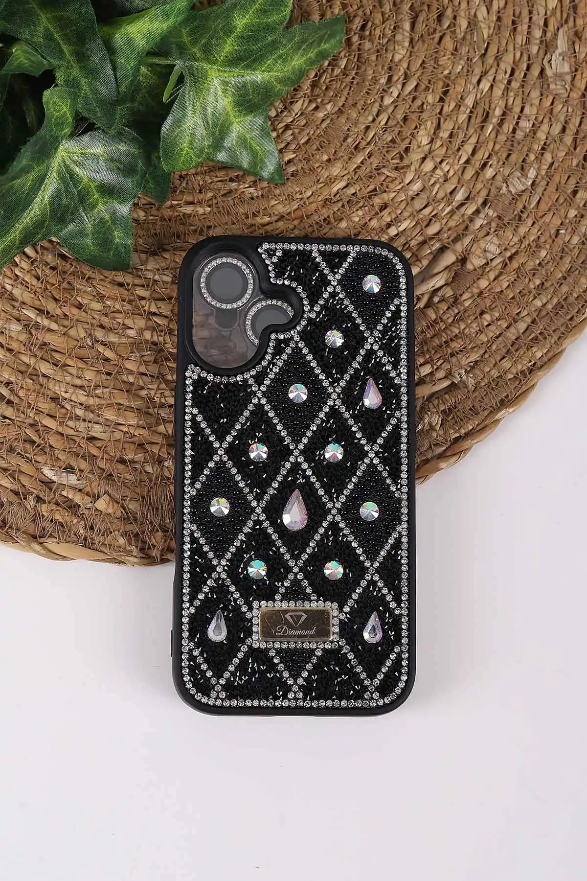 Siyah TeknoCase İPhone 16 Uyumlu Dlr Diamond Case Serisi Lens Hediyeli Premium Sert Silikon Telefon Kılıfı 430381