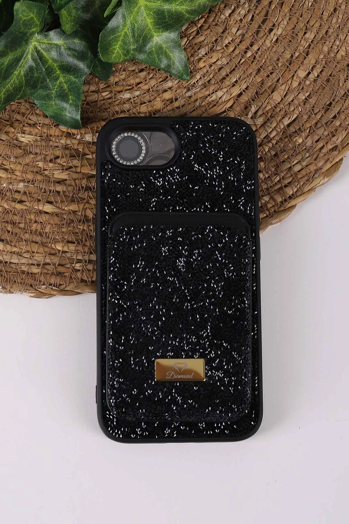 Siyah TeknoCase İPhone 16E Uyumlu Viola Diamond Case Serisi Kartlıklı Lens Hediyeli Sert Silikon Telefon Kılıfı 430852