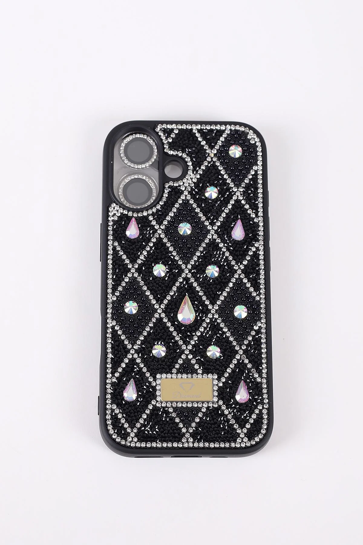 Siyah TeknoCase İPhone 17 Uyumlu Dlr Diamond Case Serisi Lens Hediyeli Premium Sert Silikon Telefon Kılıfı 430397