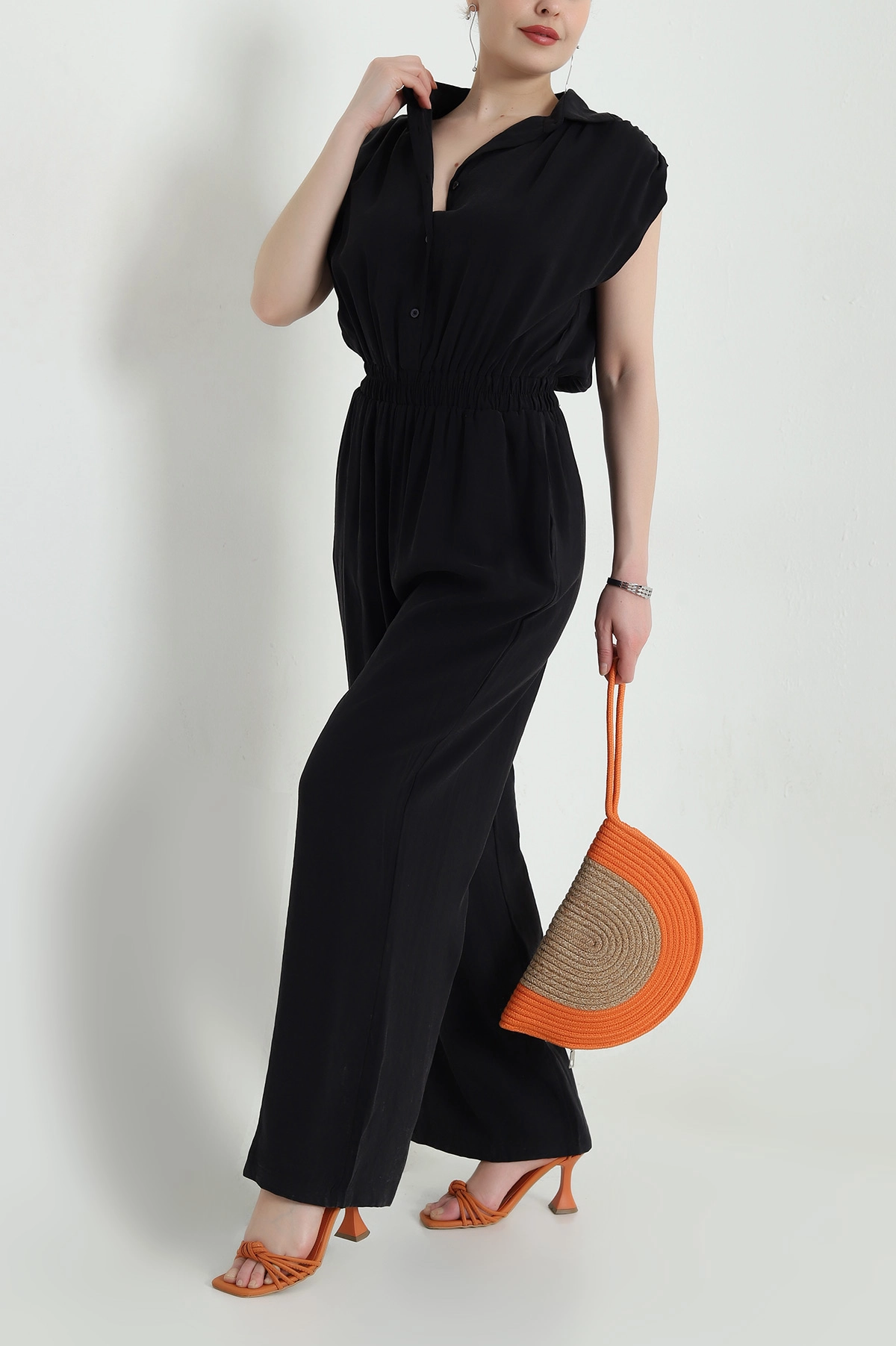 Siyah Tencel Bel Lastikli Düğmeli Kadın Tulum 459372