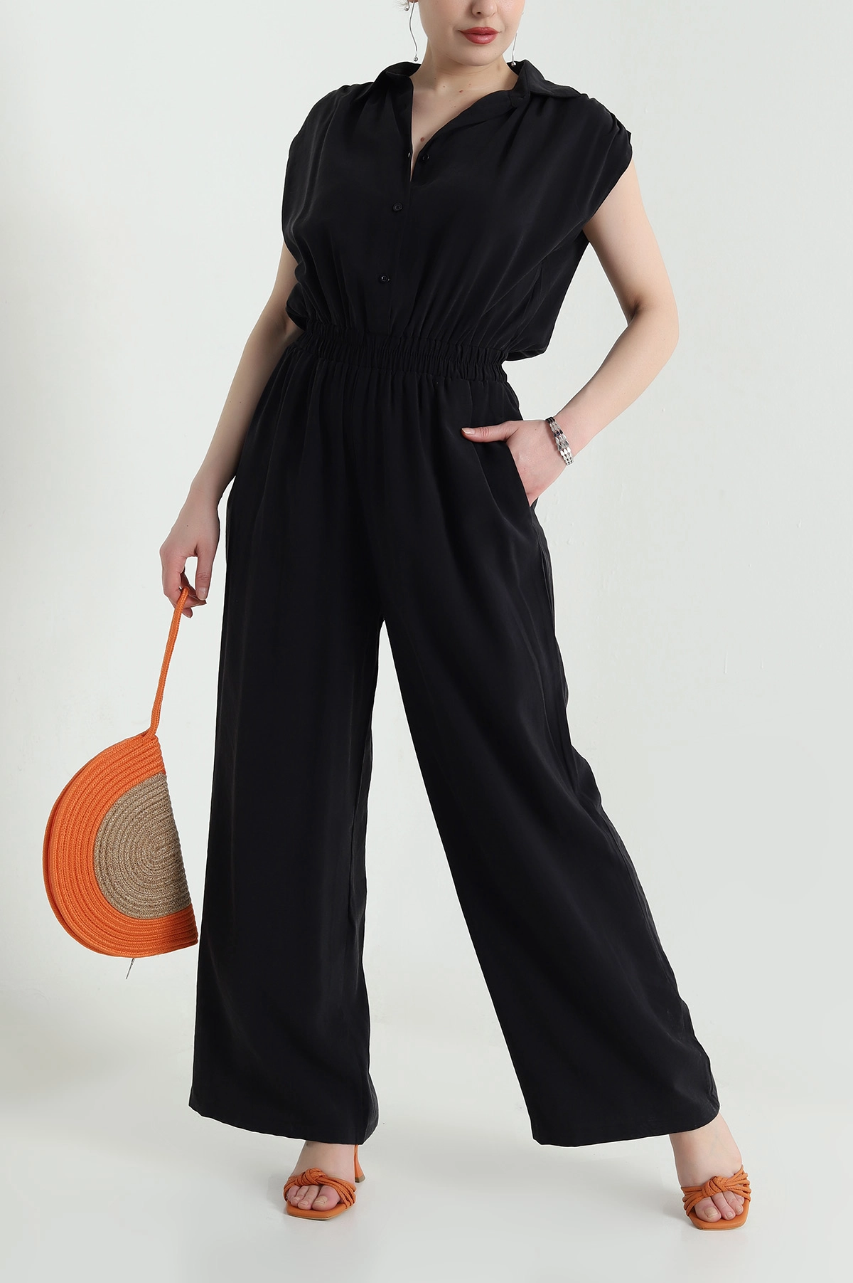Siyah Tencel Bel Lastikli Düğmeli Kadın Tulum 459372