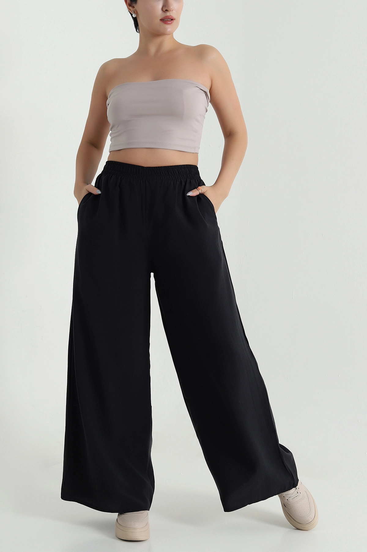 Siyah Tencel Bel Lastikli Kadın Pantolon 481025