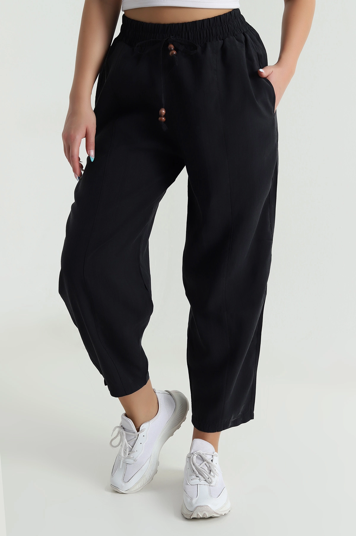 Siyah Tencel Boncuklu Şalvar Kadın Pantolon 481046