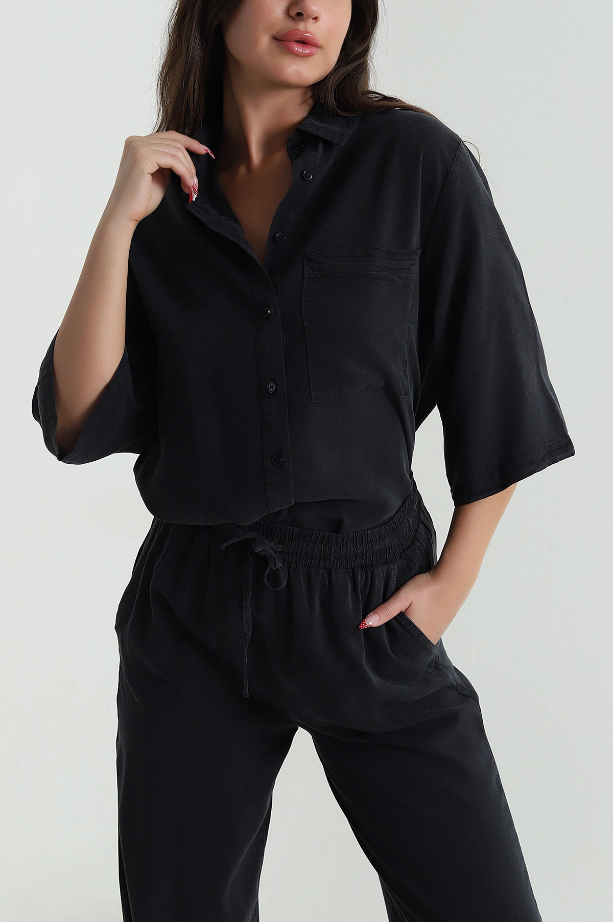 Siyah Tencel Gömlek Pantolon Kadın İkili Takım 478960