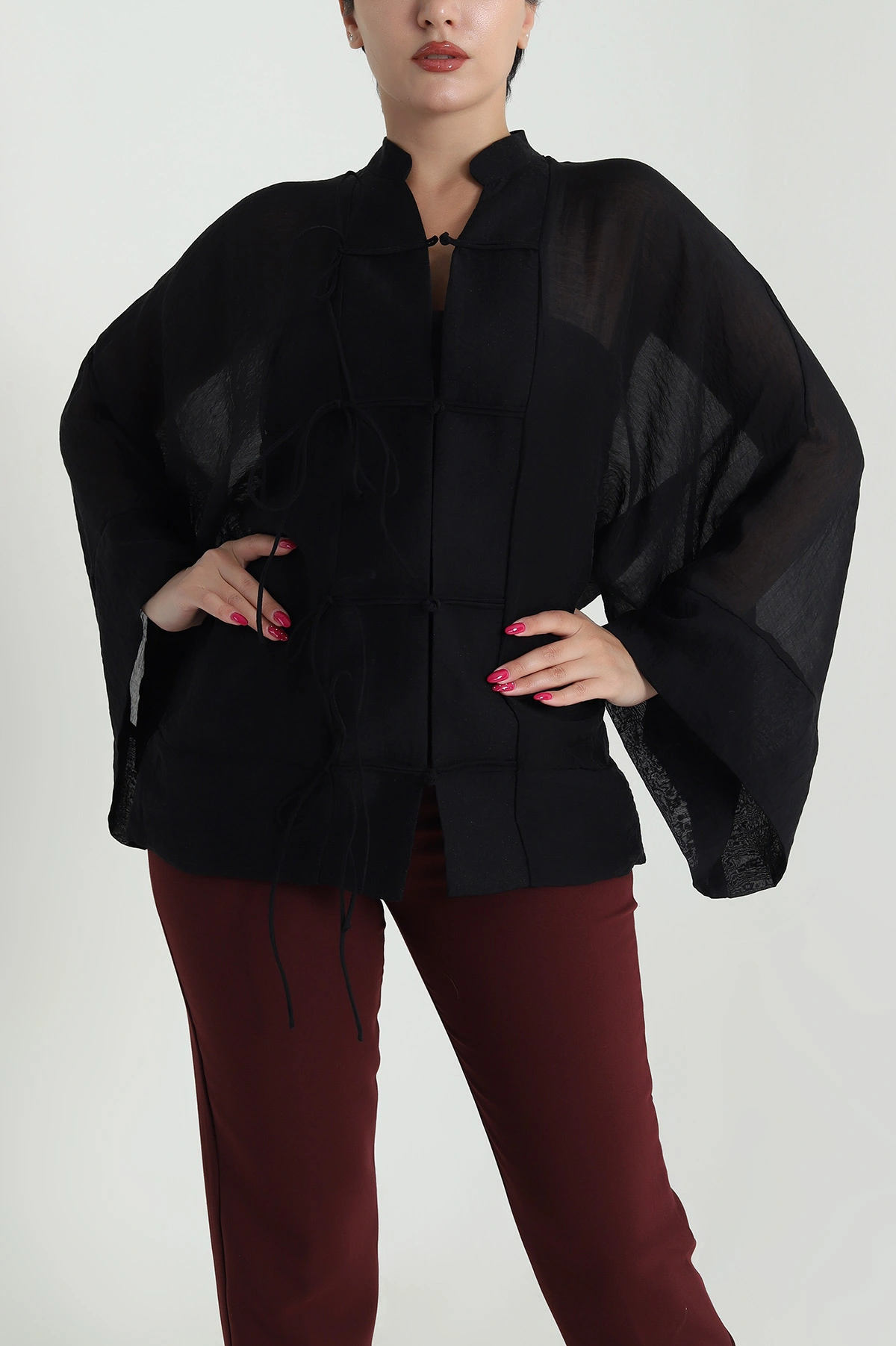 Siyah Tencel İp Bağcıklı Kadın Gömlek 476093