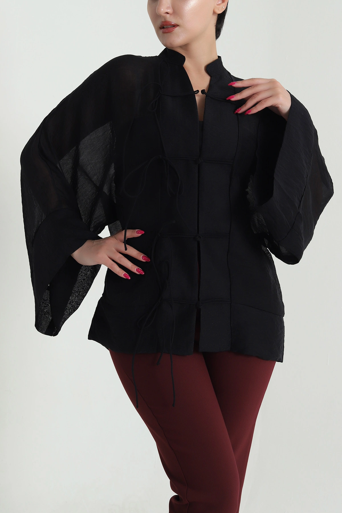 Siyah Tencel İp Bağcıklı Kadın Gömlek 476093